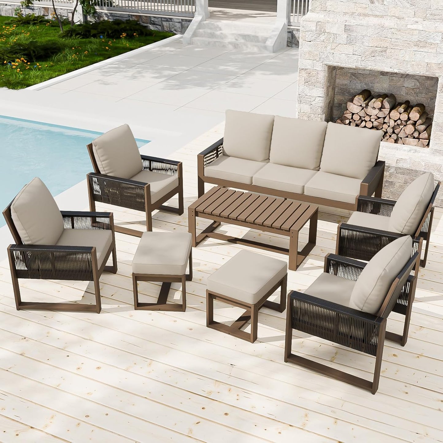 EAGLE PEAK Natural Wood Outdoor Patio Furniture, Cedar Furniture, Conversation Set, Outdoor Seating for Deck Patio Porch, Sofa 4 Chairs 2 Ottomans & Coffee Table, 8 Pieces, Brown/Beige