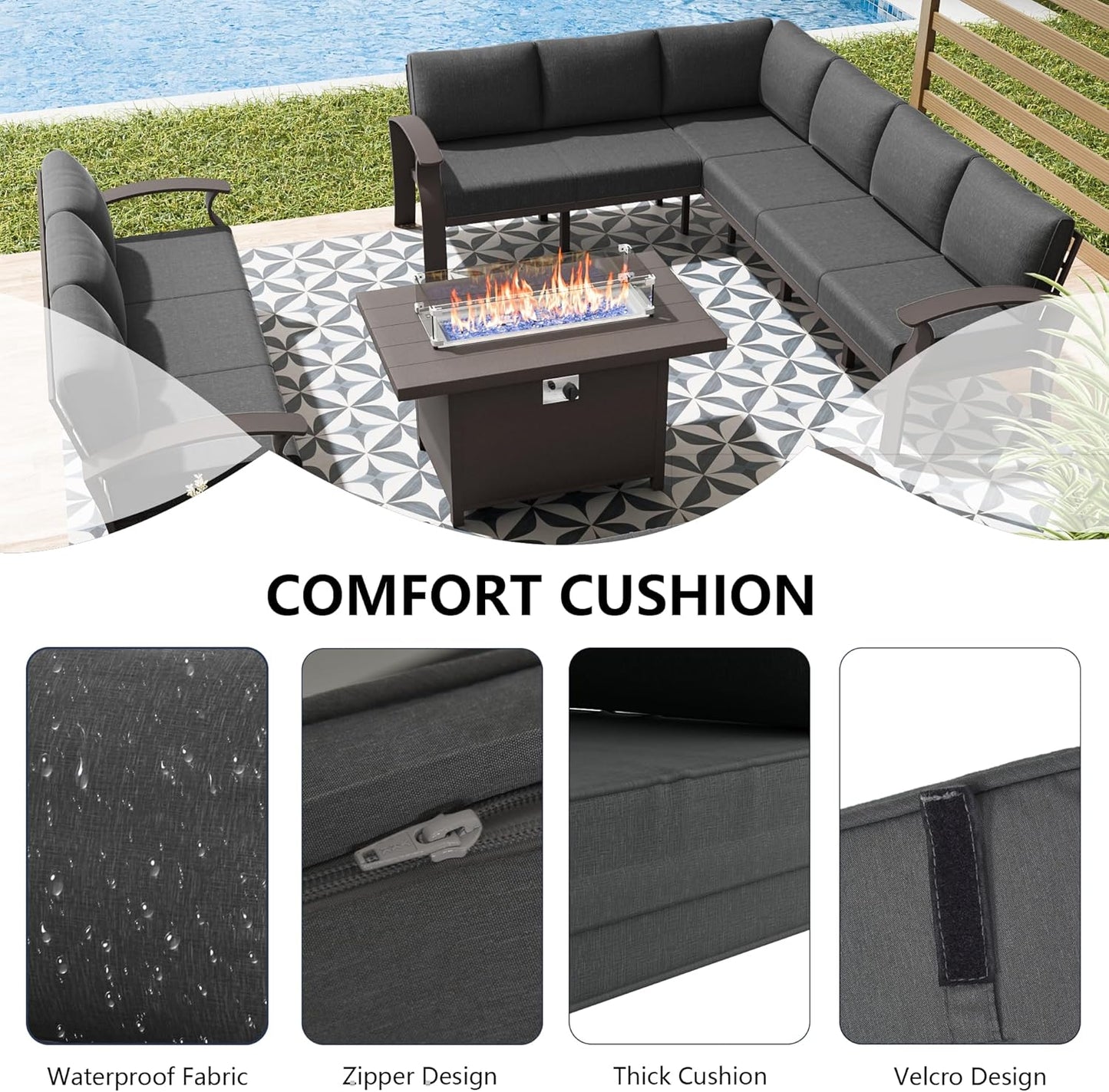 Aluminum Patio Furniture Set with Fire Pit Table, 11 Seats Outdoor Patio Conversation Set with Swivel Chair Modern Metal Patio Sectional Sofa with Coffee Table for Patio, Backyard(Grey).