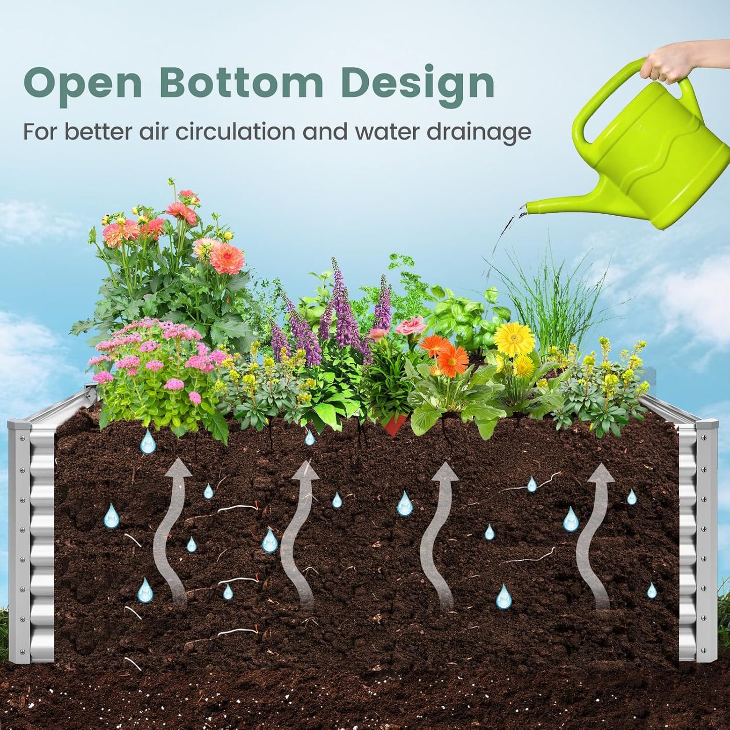 Rectangular Raised Garden Bed, Galvanized Garden Planter with Open Bottom, Sprayed Plate & Corner Protectors, Outdoor Metal Planter Box for Vegetables, Flowers & Herbs (Sliver)