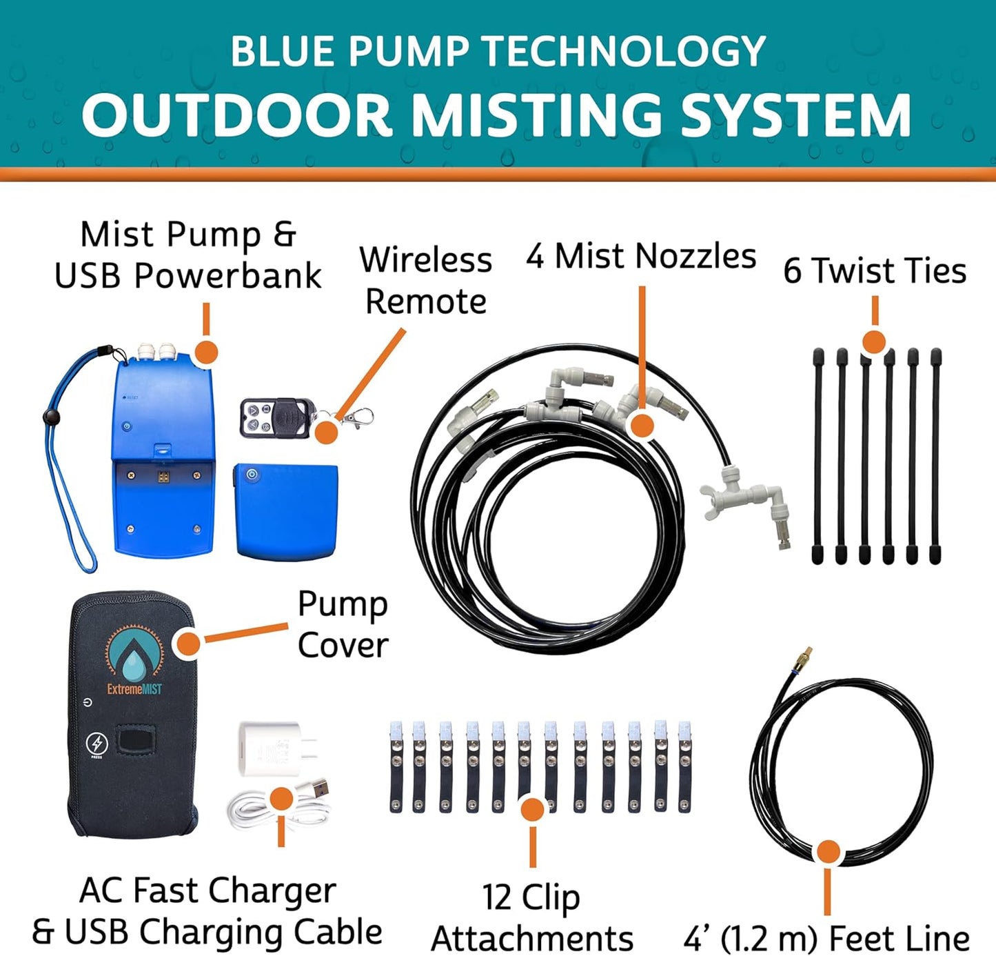 Professional Grade Portable Misting System - 4 Mist Nozzles | Pump | Easy to Setup | 16 ft. Mist Line for Outdoor Patios, Golf Carts, Greenhouses, Canopy and Decks - Cools The air up to 30°F (17°C)!