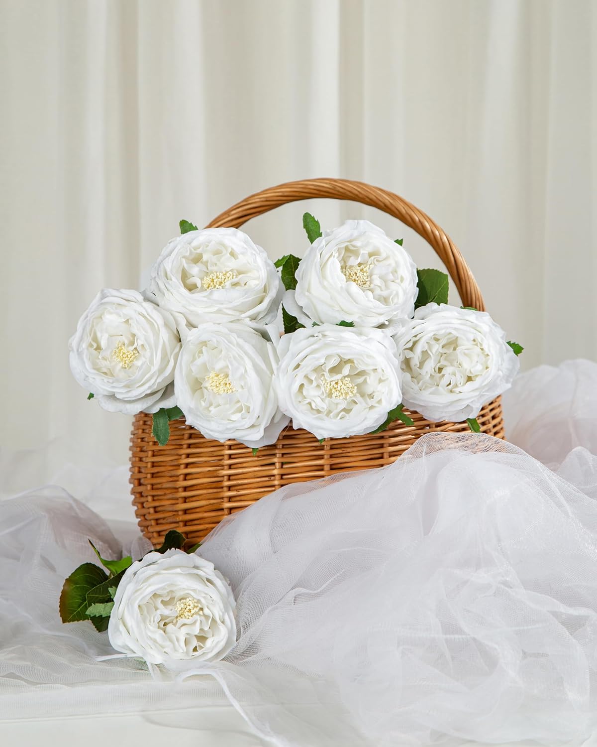 DuHouse 5Pcs Silk Roses Fake White Roses with Stems Real Touch Rose Artificial Flowers for Arrangement Wedding Party Home Decoration