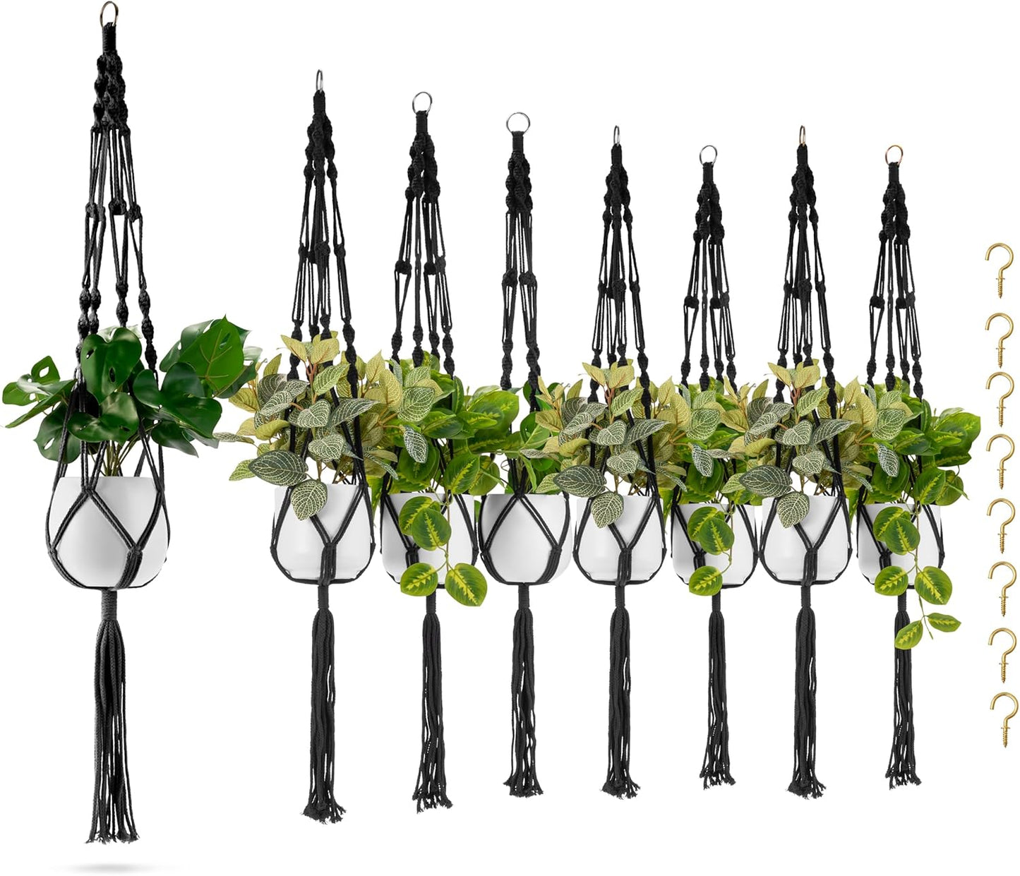 Sorbus Macrame Plant Hanger (8 Pack) Indoor Outdoor Hanging Plant Pots Cotton Rope, Elegant for Home, Patio, Garden (Black)