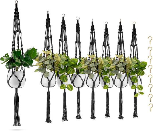 Sorbus Macrame Plant Hanger (8 Pack) Indoor Outdoor Hanging Plant Pots Cotton Rope, Elegant for Home, Patio, Garden (Black)