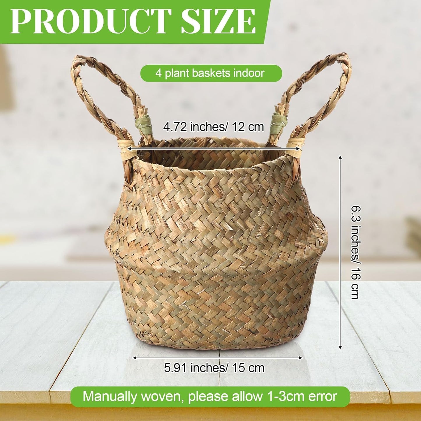 Qunclay 4 Pcs Woven Seagrass Baskets Belly Basket Folding Boho Natural Plant Pot with Handles Round Decorative Wicker Large Indoor Planter for Home Outdoor Tree Planters Decor (6.3 x 5.9 Inch)