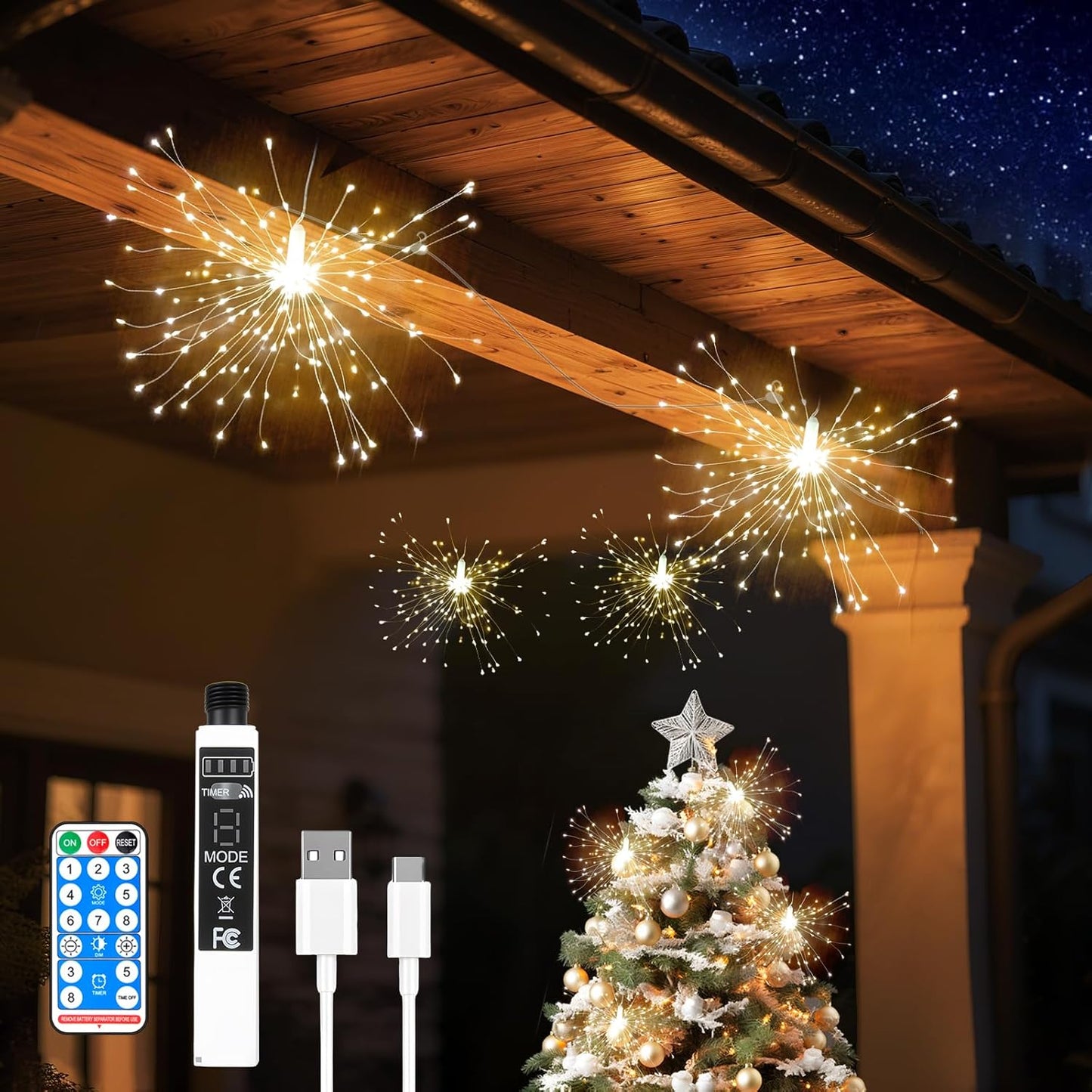 SeaShine 1600LED Fireworks Lights Outdoor, Rechargeable Hanging Fairy Starburst Lights, Waterproof Smart Firework Light with Remotes, 8 Modes, Timer for Garden Weddings Outdoor Christmas Decor 8 Pack