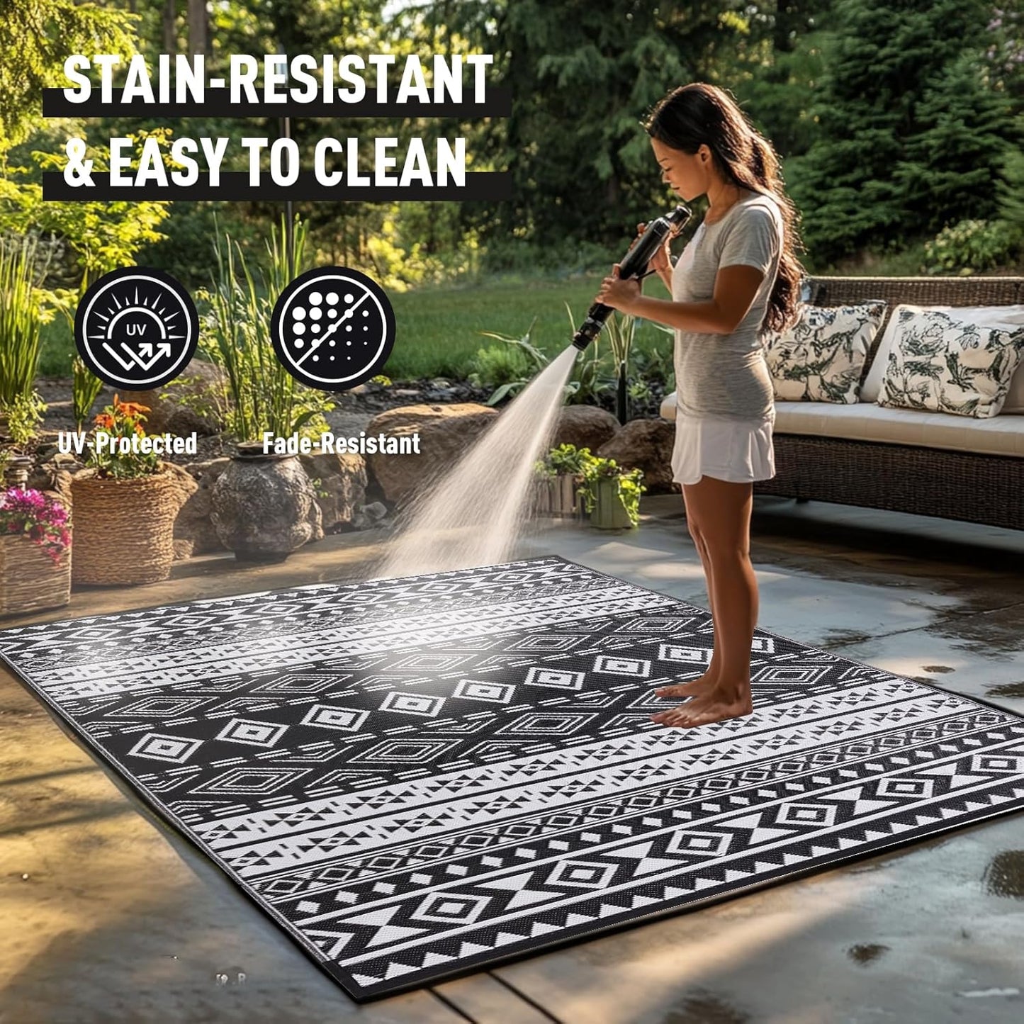 WILDROOTS 8x10 Feet Black and White Plastic Outdoor Rug, Stain Resistant Waterproof Reversible Outdoor Patio Rug, Fade Resistant Camping Rug
