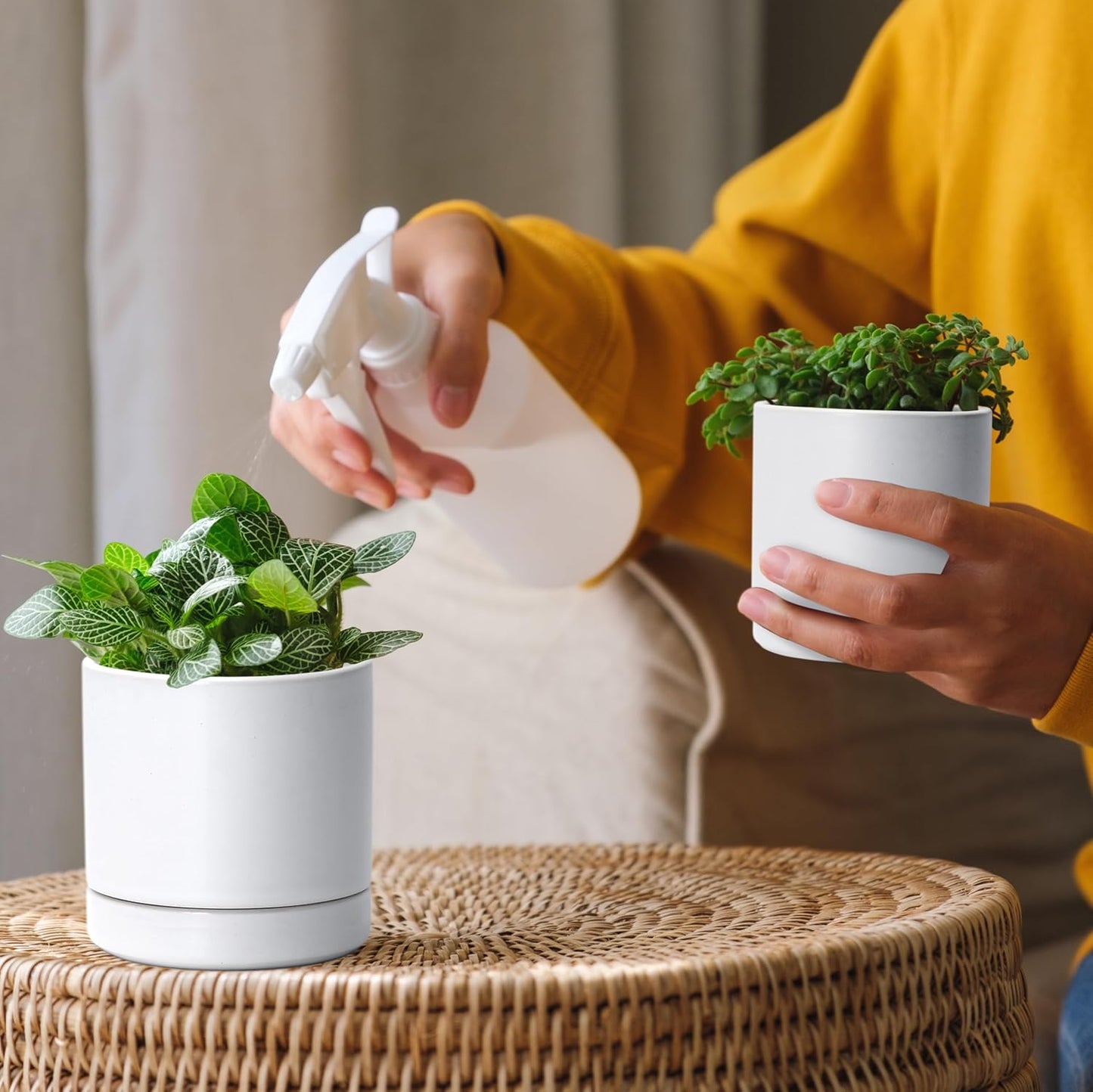 D'vine Dev 3.5 Inch & 4.7 Inch Ceramic Planter Pots for Plants with Drainage Hole and Saucer, X-Small Plant Pots Set, White, 94-G-XS-1