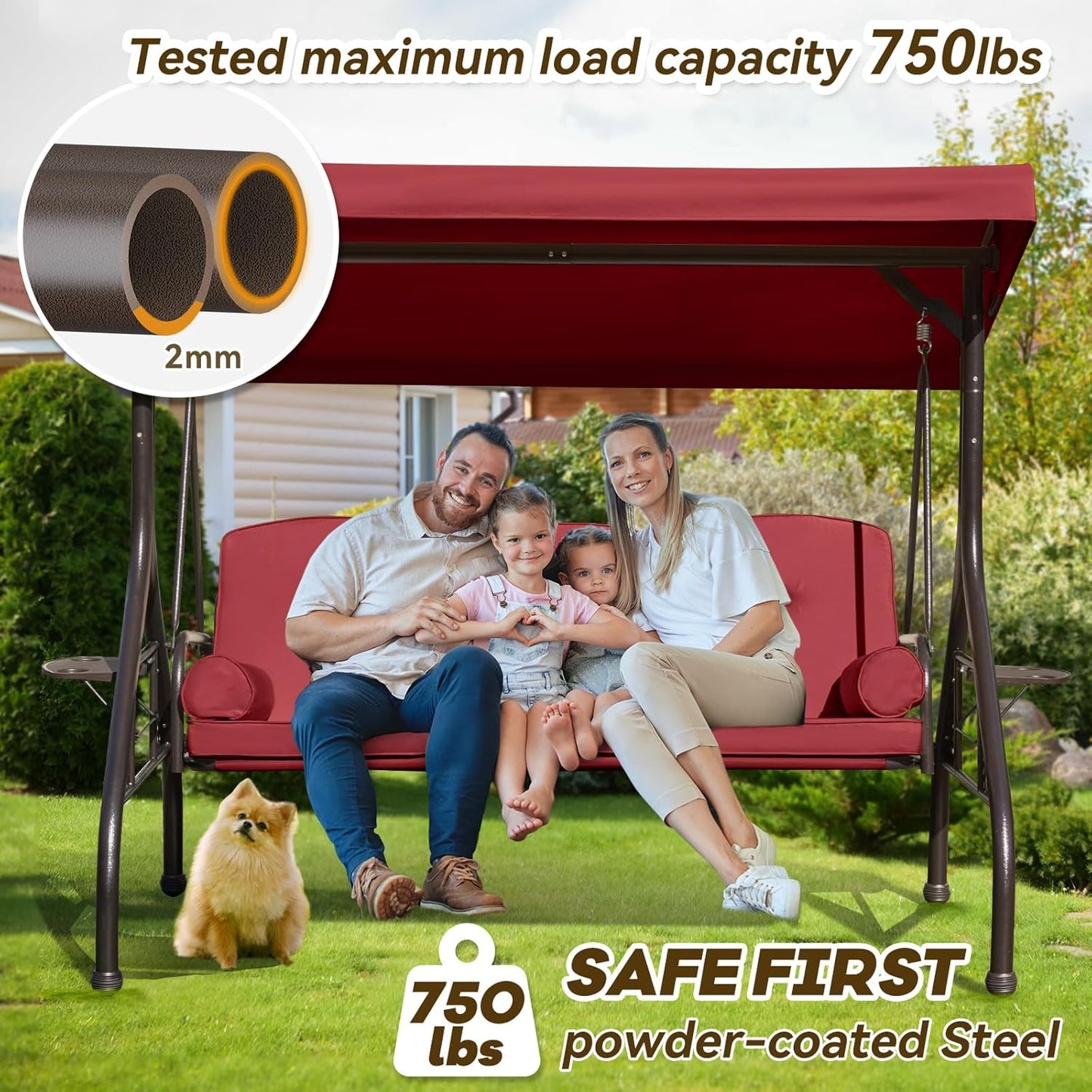 3 in 1 Outdoor Porch Swing with Adjustable Canopy, 3 Seat Outdoor Swing for Adults, Patio Swing Chair with Thickened Cushions,Pillows & Cup Holders for Backyard, Porch, Garden (Wine Red)