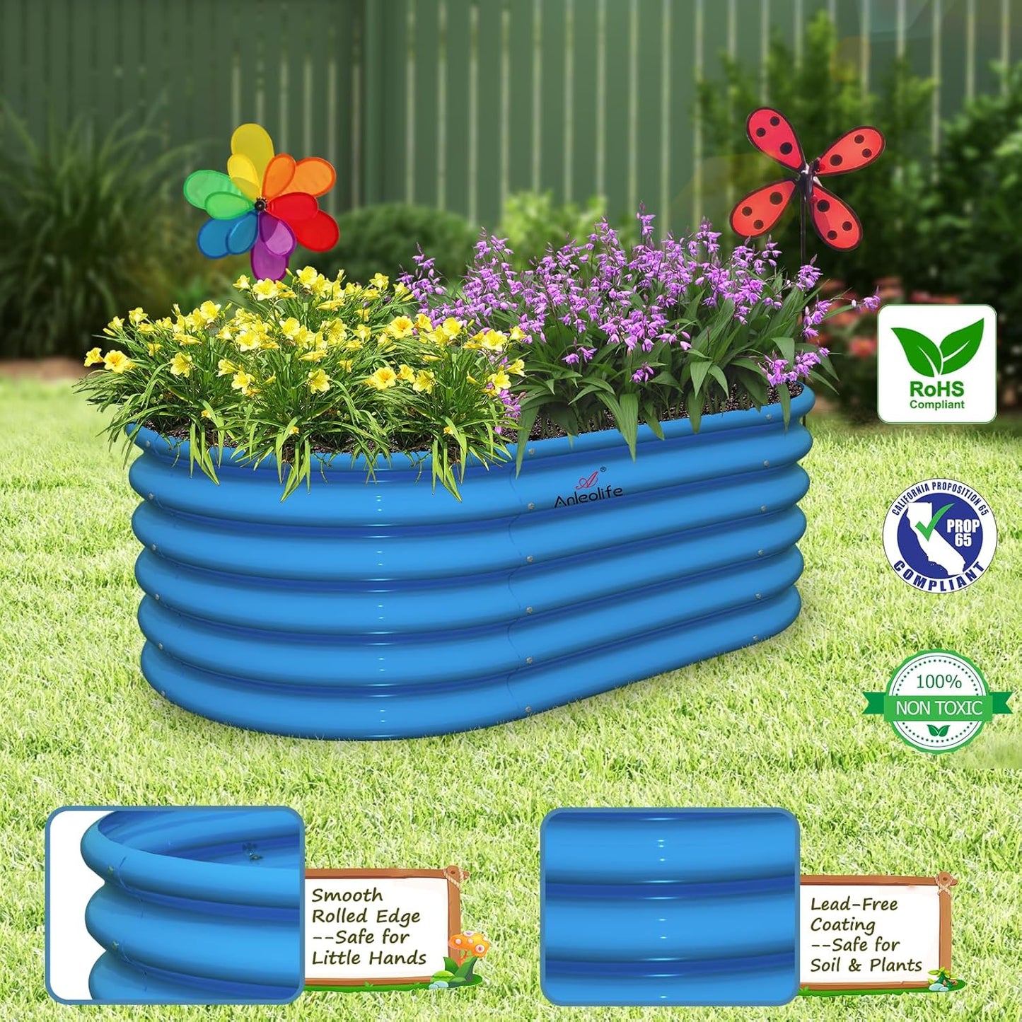 A ANLEOLIFE Kids Raised Garden Beds Outdoor (3-Pack)-40x24x18in Oval Round Galvanized Metal Planter Box for Planting Vegetables, Flowers, Fruits, Eco-Safe & Easy Setup, Sky Blue
