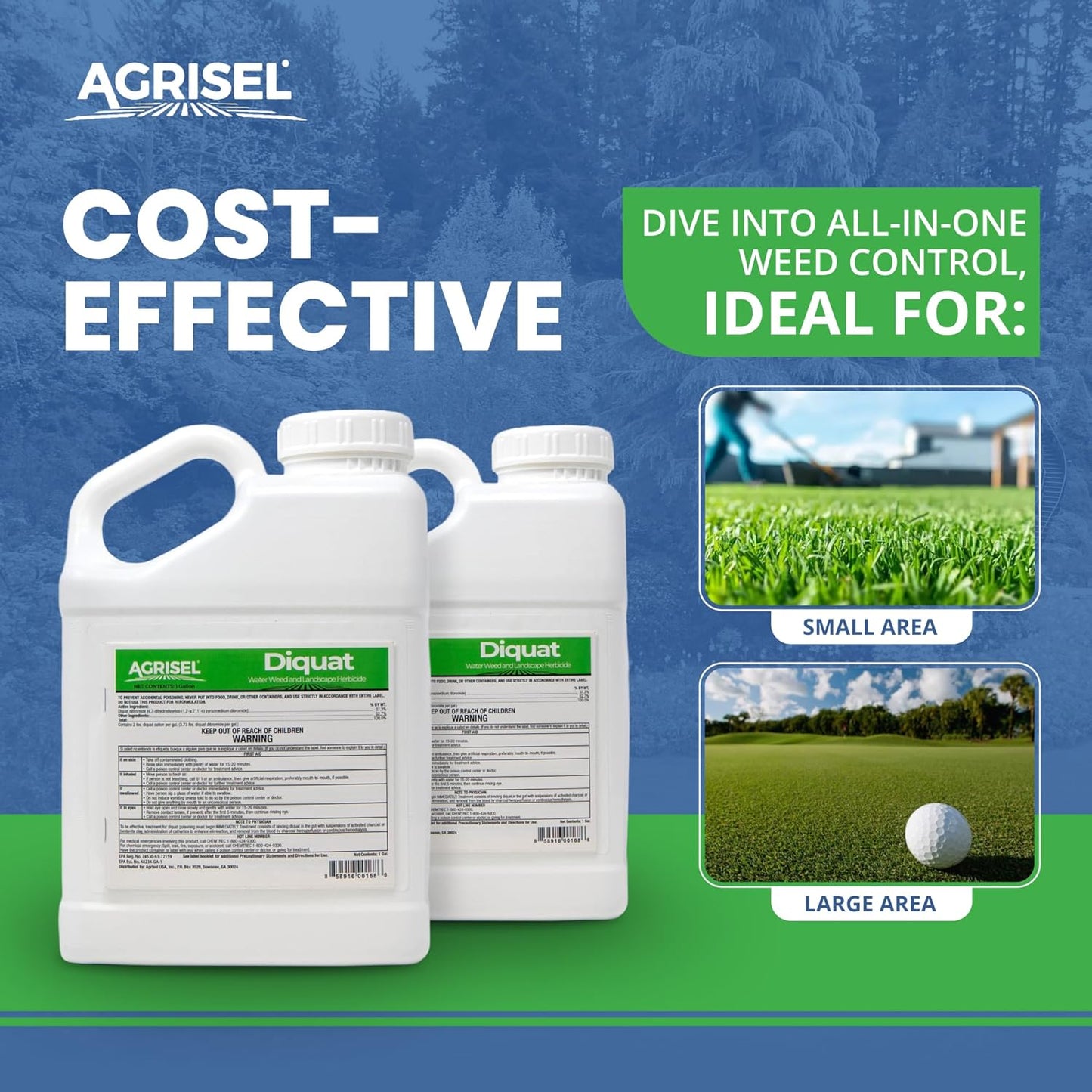 Diquat Weed Killer, Fast-Acting Formula for Aquatic and Landscape Weeds, Safe on Ornamentals, Visible Results in 1-2 Days, Pet Safe, Includes 3-Pack of Agrisel Protective Gloves, 128 Ounces