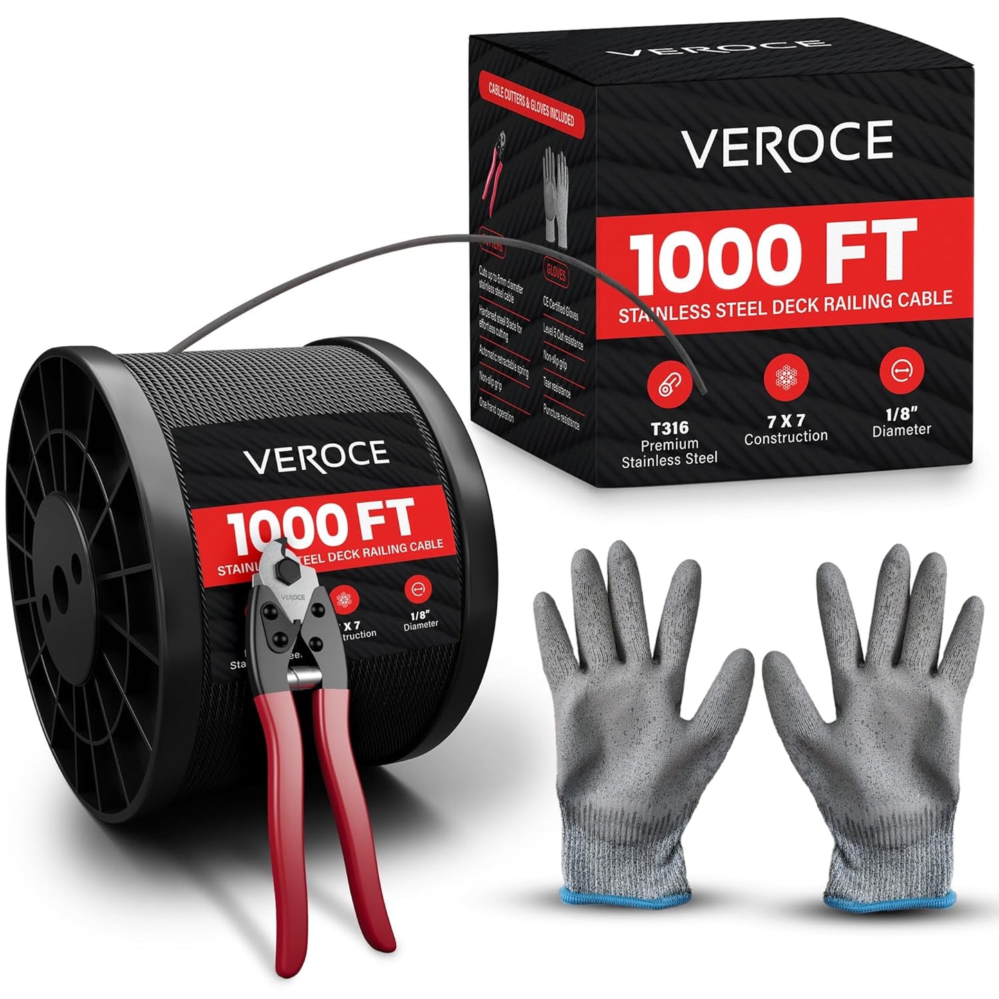 1000FT 1/8" T316 Stainless Steel Cable - 7x7 Strands Wire Rope - Black Phosphate Coating - Cable Cutters & Gloves Included - Aircraft Cable for Indoor & Outdoor - Cable Railing Stair