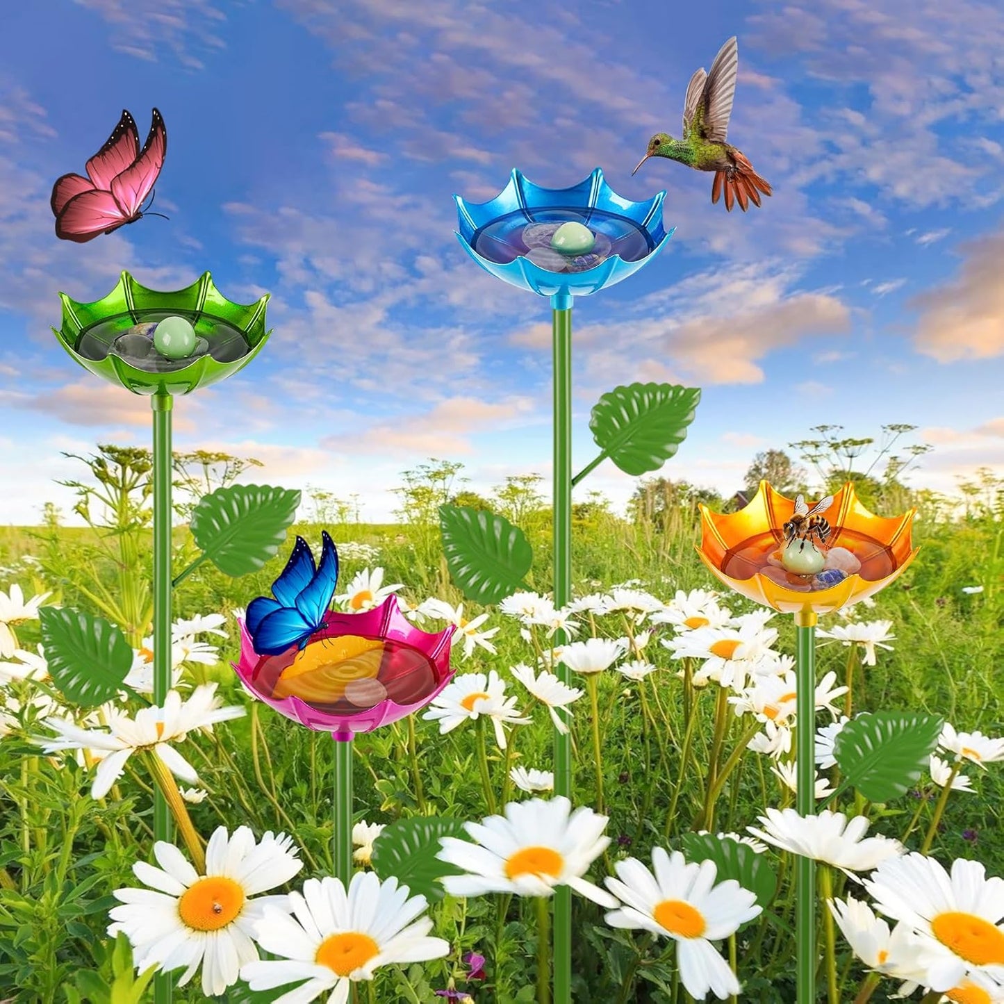 Bee Watering Station for Garden, 4 Pack Bee Drinking Station with Umbrella Design, Metal Butterfly Feeder Bee Baths for Outdoor Garden Yard Decor (Red,Green,Blue,Yellow)