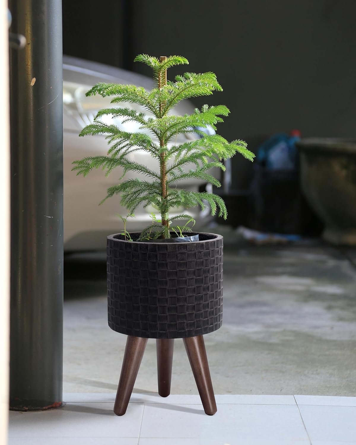 D'vine Dev 8 Inch Modern Geometric Tile Patterned Sleek Planter Pot with Stand, Indoor Outdoor Decorative Plant Holder, Distressed Black, 88-Z-A-5