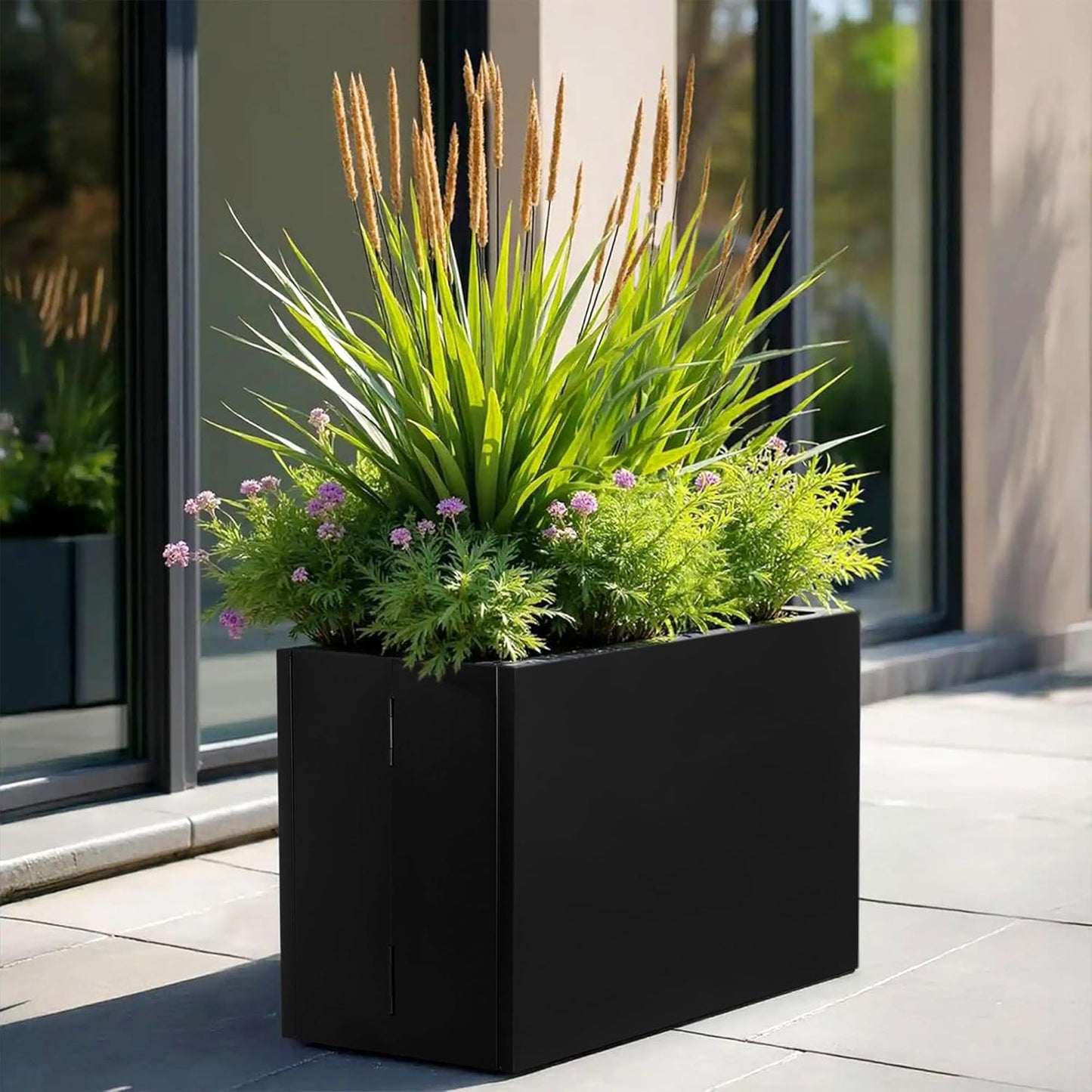 Galvanized Steel Rectangular Planter, 16"x 12"x 12" Small Planters for Outdoor Plants, Black Outdoor Planter with Drainage Holes