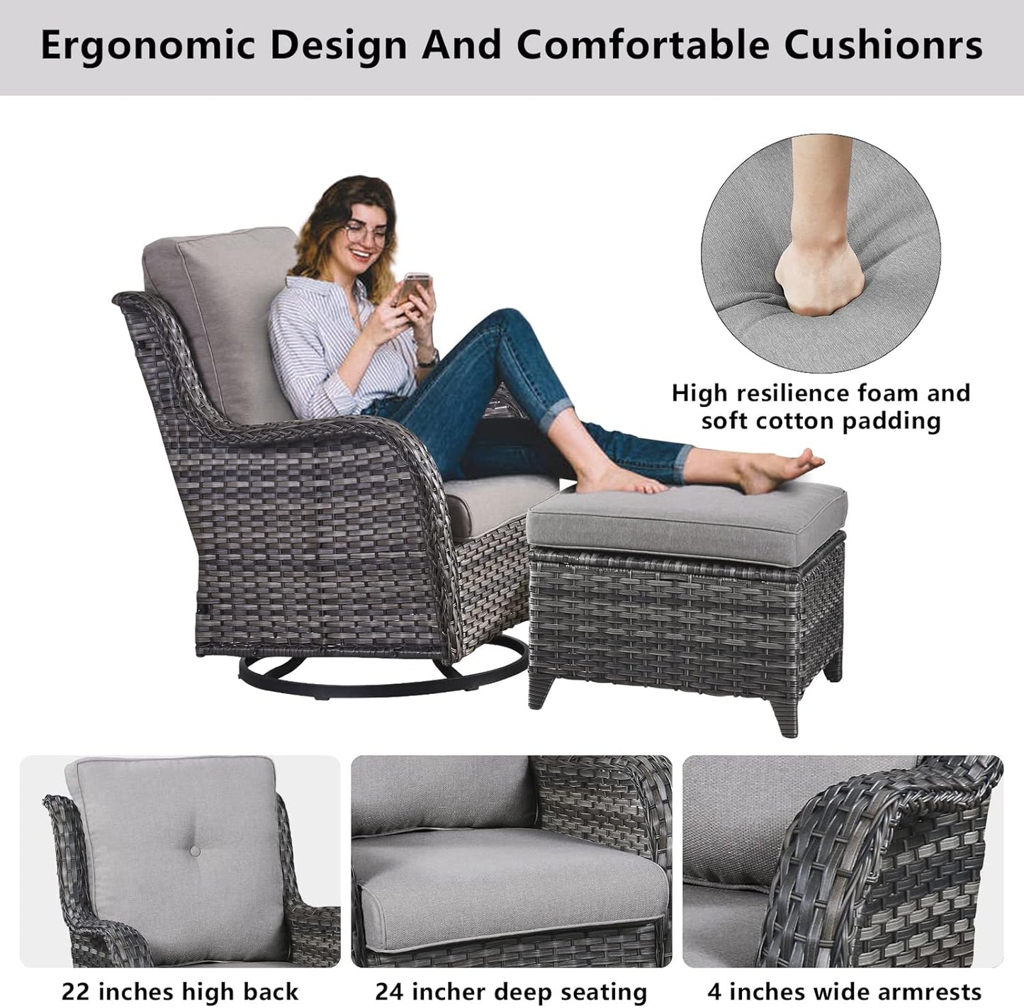 4 Pieces Patio Furniture Sets, Wicker Patio Swivel Glider Chair with Ottomans, Outdoor Furniture Set for Outside Porch, Deck, Balcony, Garden