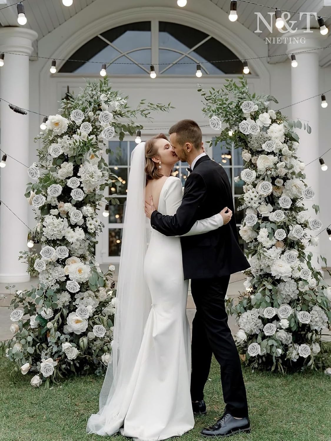 N&T NIETING Artificial Flowers, 50pcs Fake Flowers Roses with Stem for DIY Wedding Bouquets Centerpieces Bridal Shower Party Home Decoration, Silver White