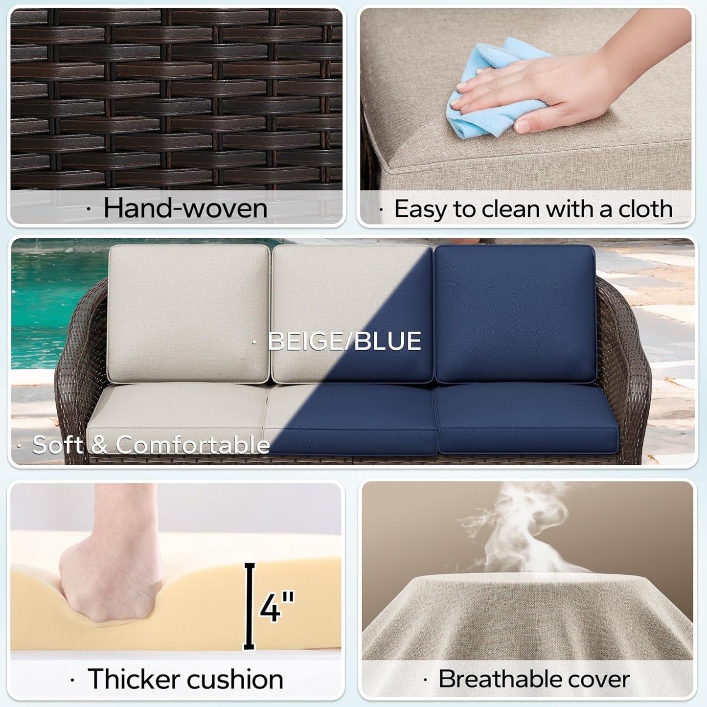 3 Pieces Patio Conversation Set, 78" Wicker 2-Seat Couch with Washable Cushions, Wicker 360 Degree Swivel Glider Rocker Chairs, Sofa for Garden, Lawn (Beige)