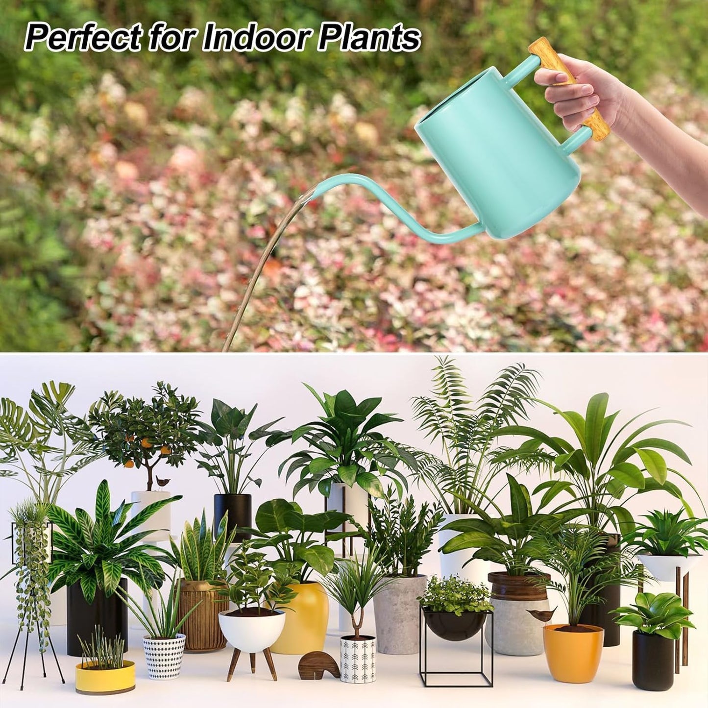Watering Can Indoor Plants, 35 oz/1000 ml Metal Stainless Steel Watering Can Pot with Long Spout for Indoor House Plants Bonsai Outdoor Garden Flower Decorative (Green