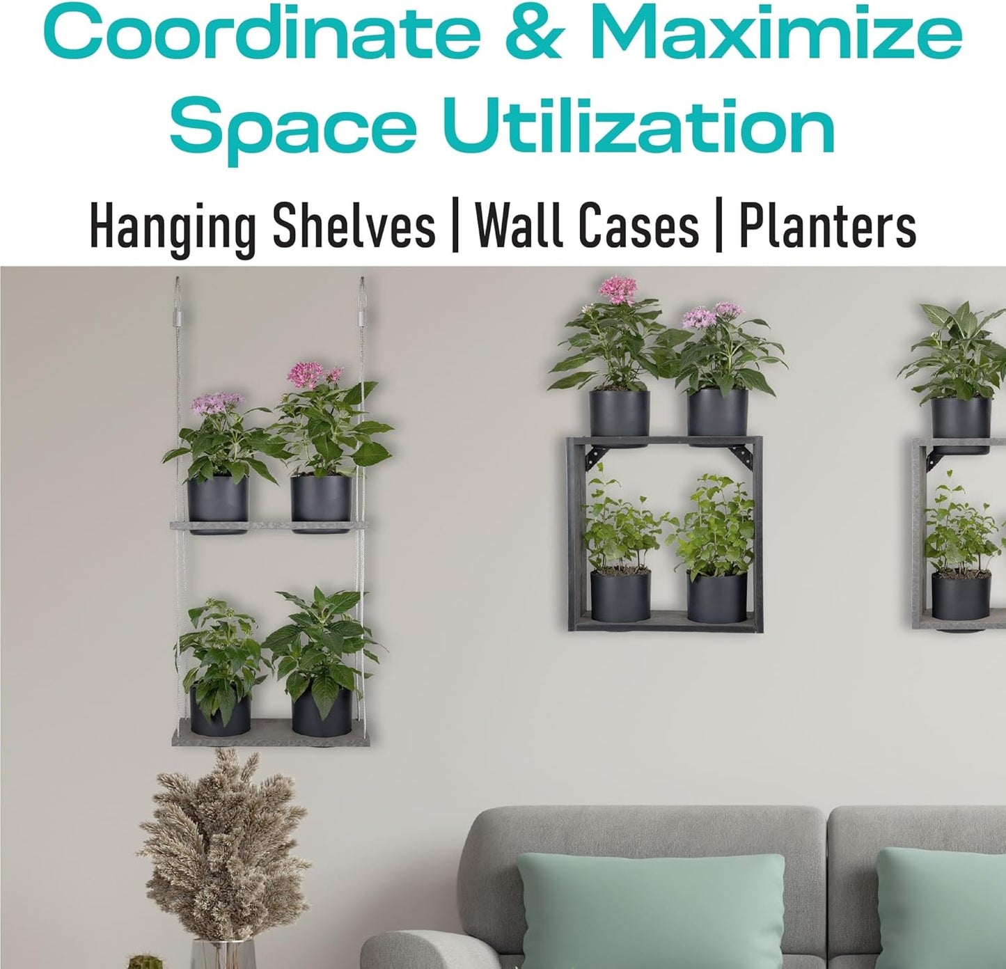 Urban Garden Decor with Pots Included, Hanging Planters for Indoor Outdoor Plants, Hanging Flowerpots, Wall Hanging Plant Holder Window Plant Shelves (Stone Gray, Shelf 4 Pots)