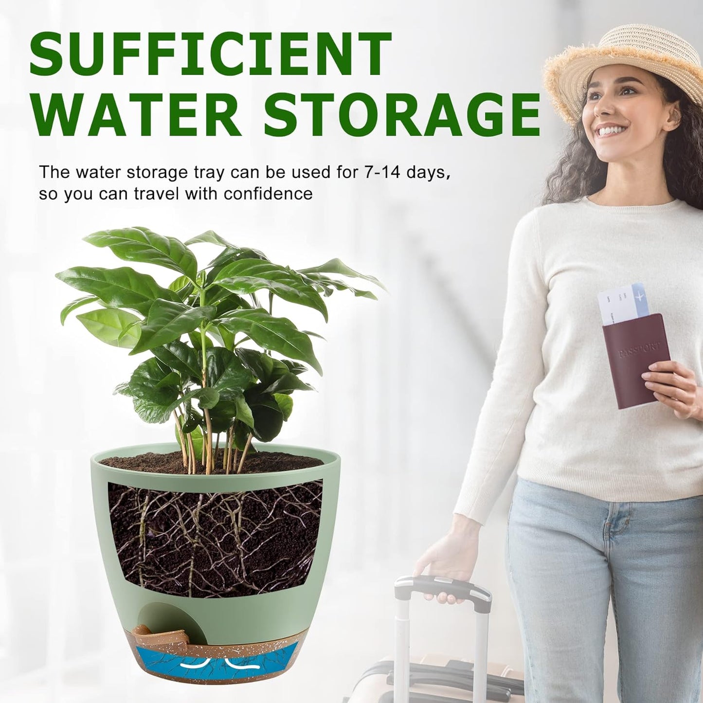 Plant Pots 10/9/8 Inch Self Watering Pots, Set of 3 Plastic Planters with Drainage Holes and Saucers,Plastic Flower Pots,Nursery Planting Pot for Indoor Out Door Plants（Green）