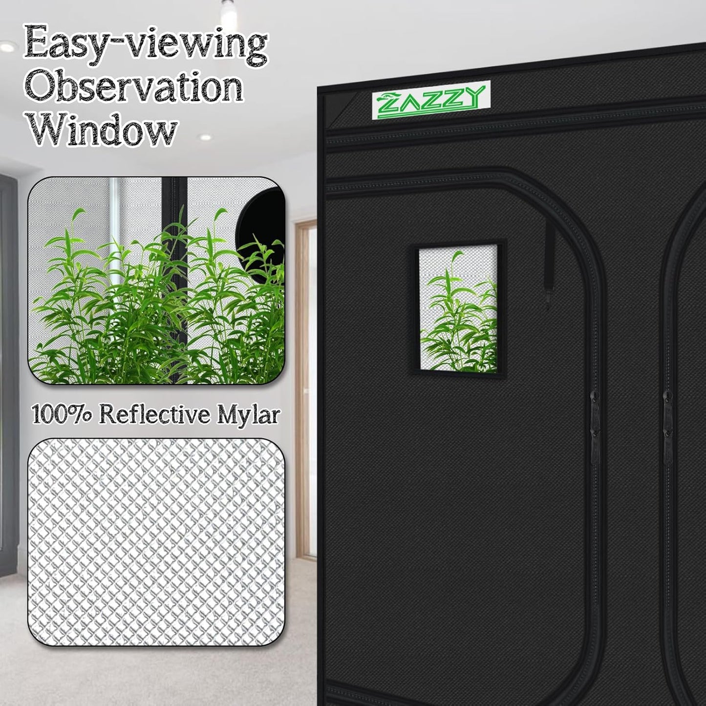 zazzy Large Grow Tent 96"x96"x78", High Reflective Mylar Grow Room with Observation Window, Removable Floor Tray and Tool Bag for Planting Indoor Fruit Flower Veg 8x8