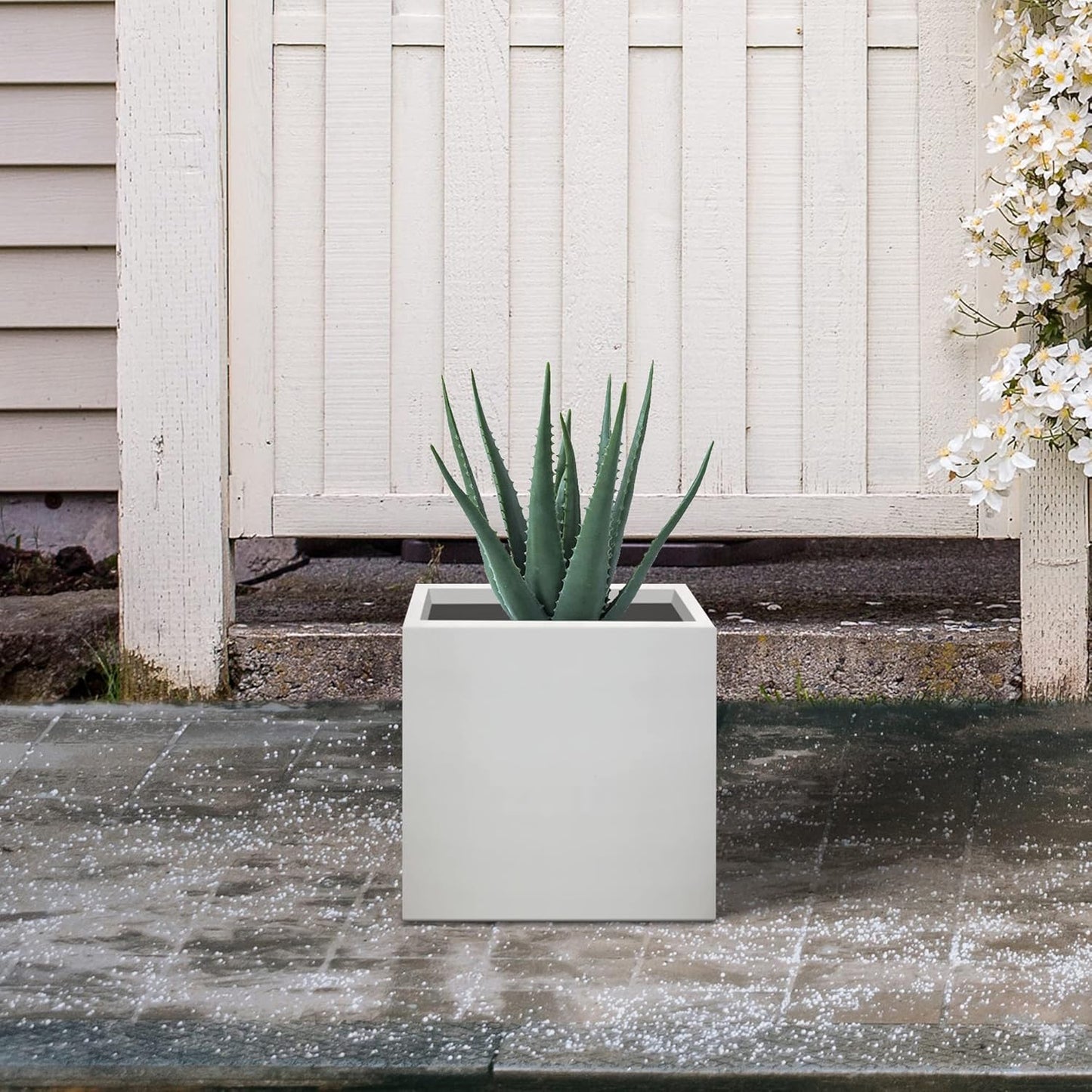 Kante 12 Inch Square Concrete Planter for Outdoor Indoor Home Patio Garden, Large Plant Pot with Drainage Hole and Rubber Plug, Pure White