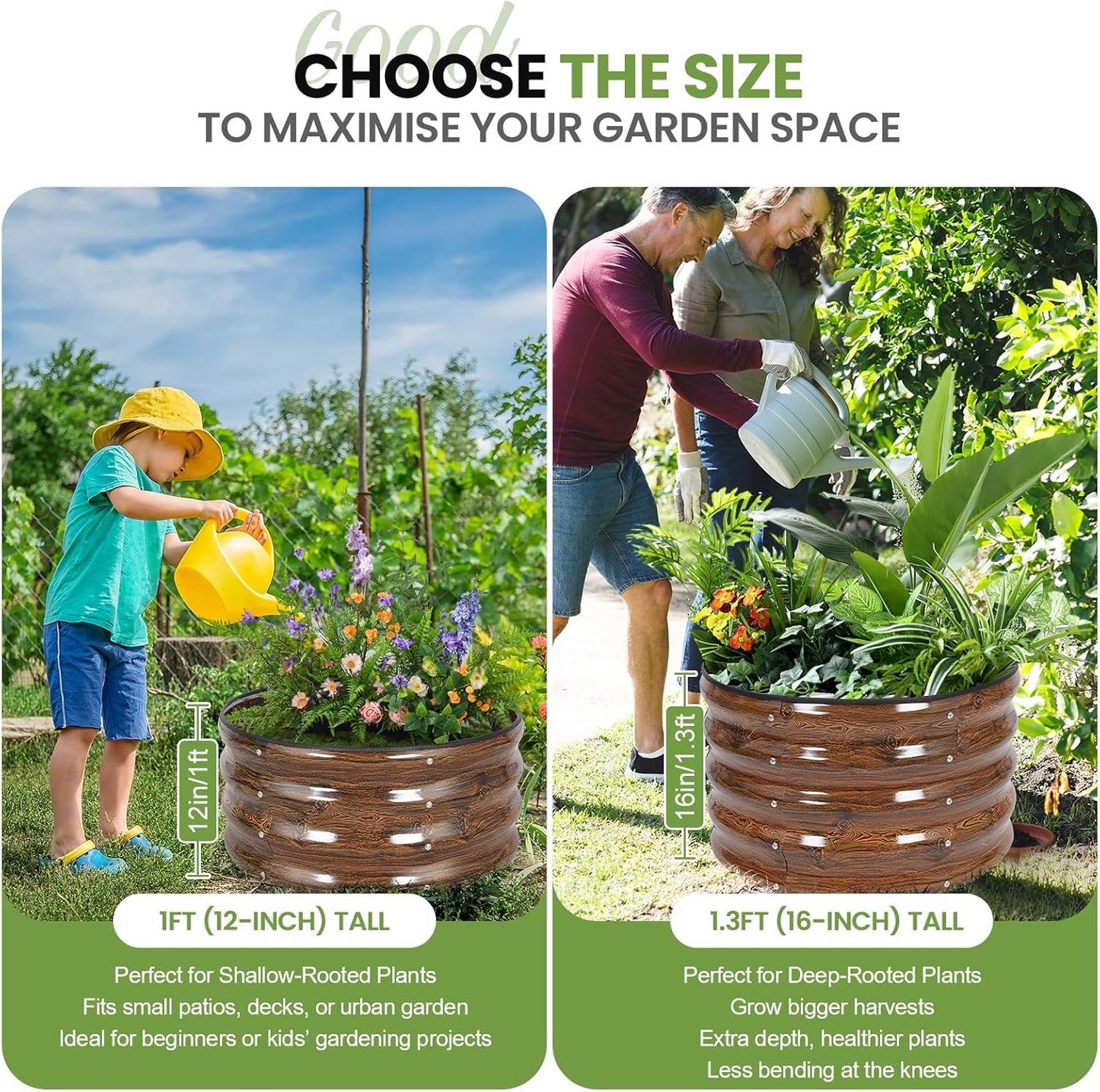 G GOOD GAIN Round Raised Garden Bed - 2Pcs 2x2x1.3ft Galvanized Steel Planter Boxes Outdoor with Rubber Edge Trim | Metal Raised Beds for Gardening Vegetables Flowers Fruits Herbs (Wood Grain)