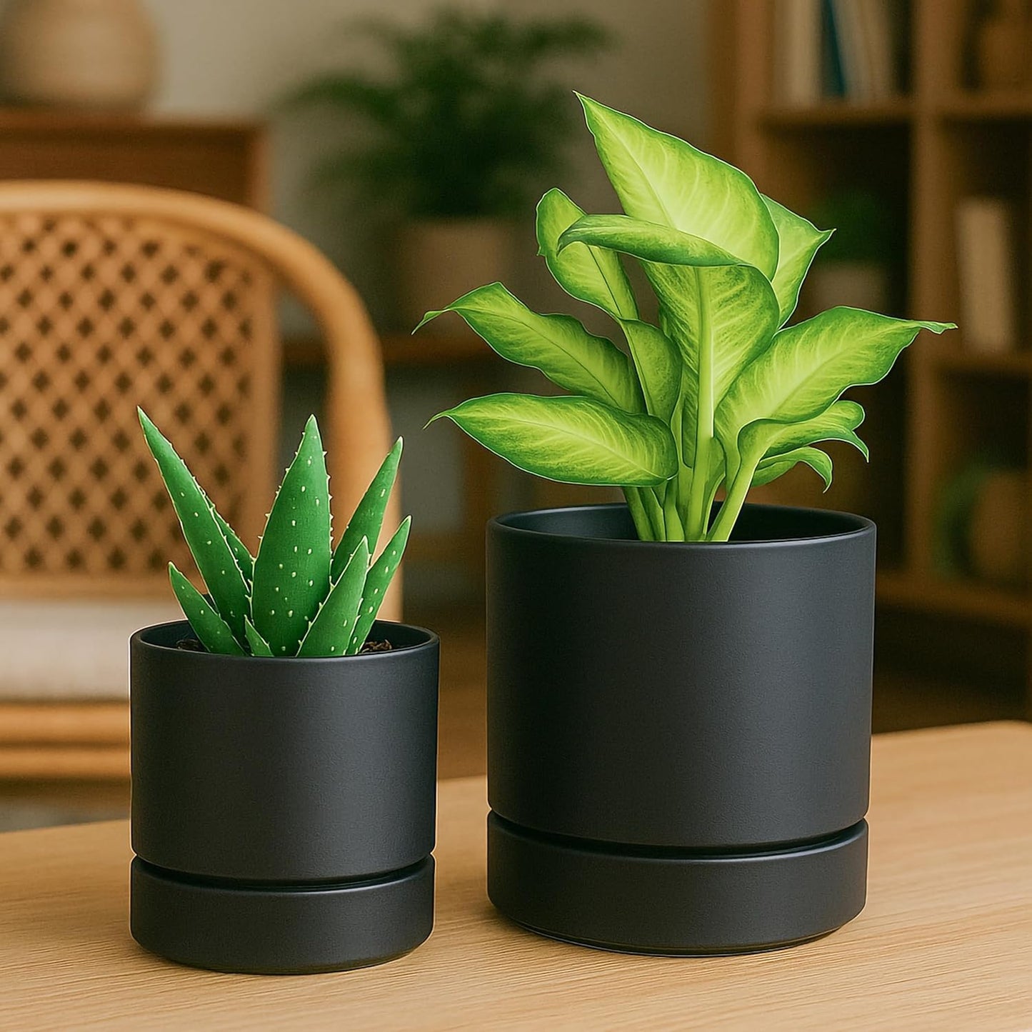 Phoenix Vine 4 Inch and 6 Inch Planter Pot with Drainage Hole & Deep Water Catch Tray Saucer, Straight Cylindrical Round Pot for Plants, Matte Black, 23-A-2-Z