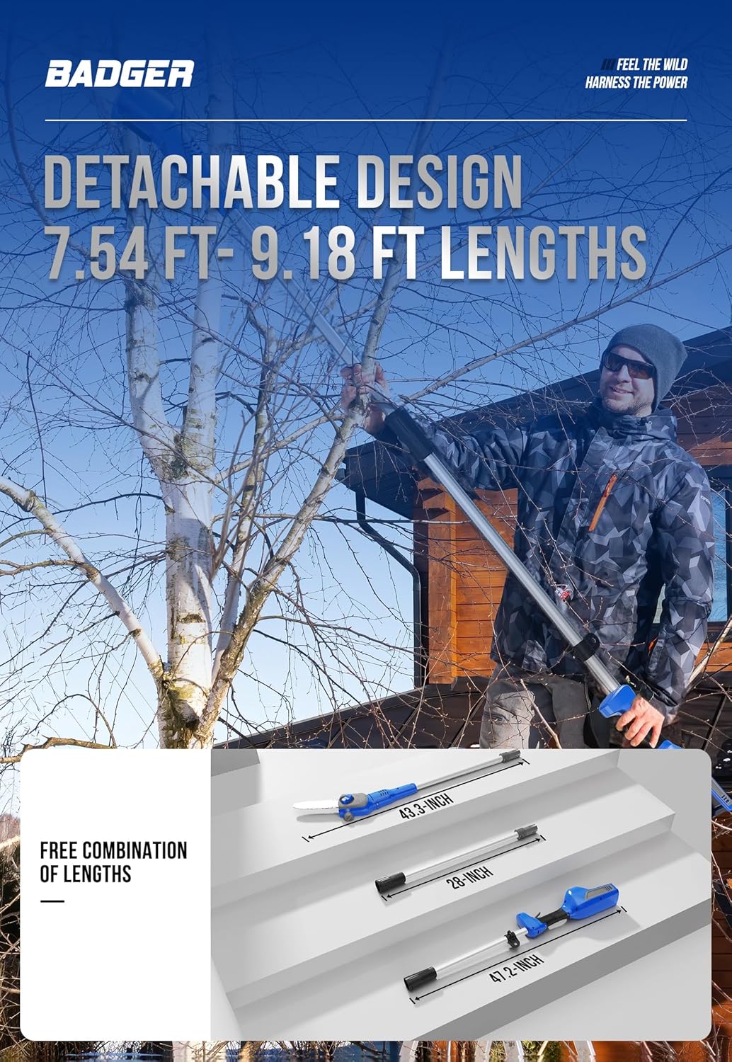 WILD BADGER POWER Pole Saw Cordless 40V 8'' Electric 2.0Ah with Detachable Pole, 2Ah Battery and Charger included