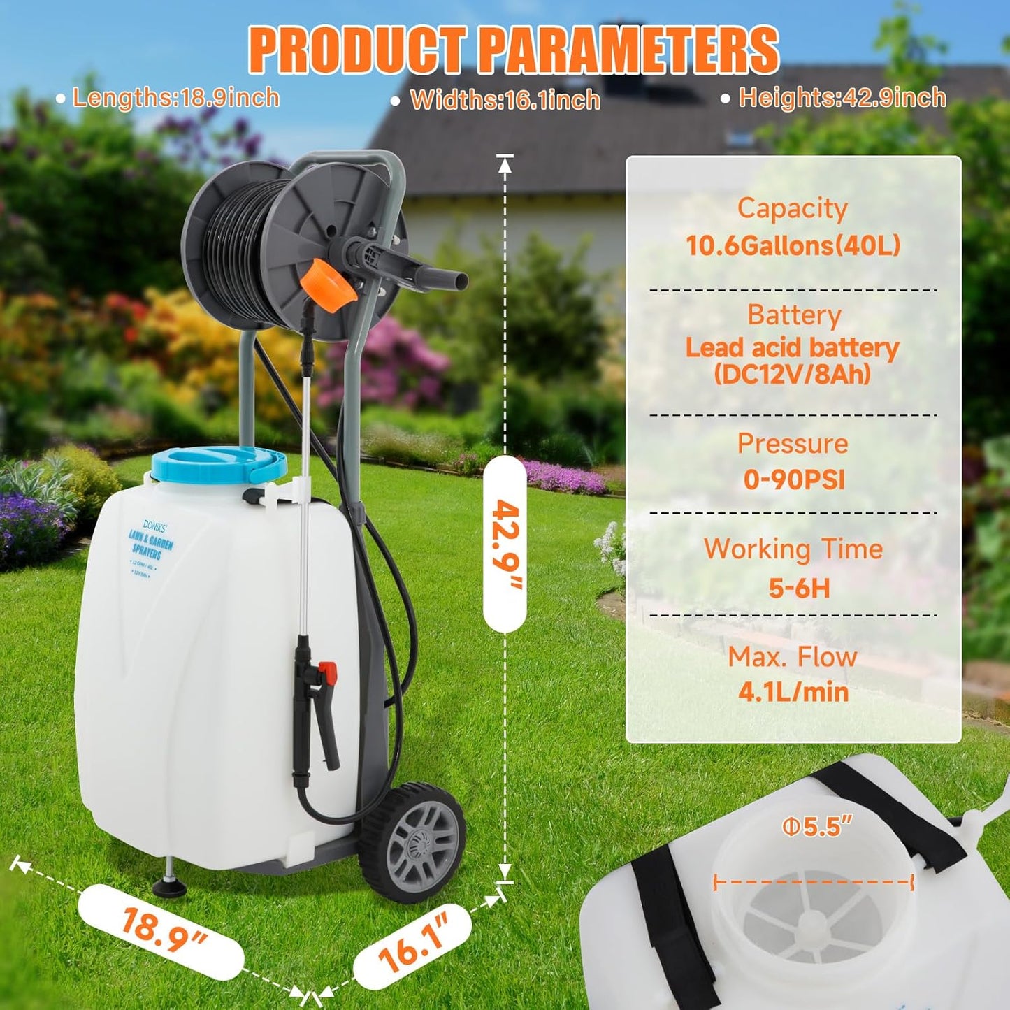 10.6 Gallon Battery Powered Sprayer with Wheeled Cart, 0-90PSI, 12V 8Ah Battery 5-6h Spray Time,98FT Hose with Reel，Adjustable HD Wand and 10 Nozzles for Weeding, Spraying, Cleaning