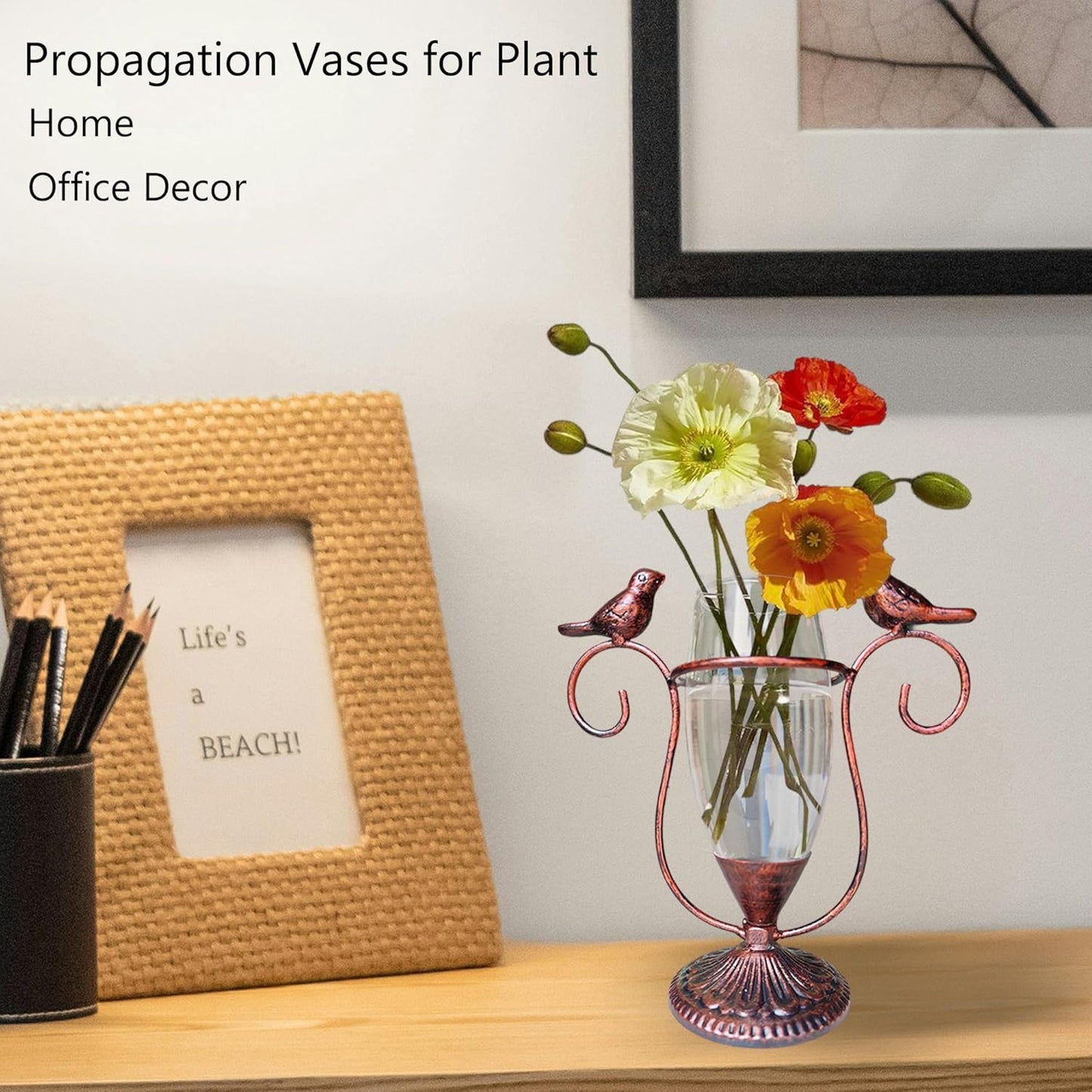 POXOH Vintage Glass Planter - Metal & Glass Propagation Vase with Dual Birds Art, Retro Indoor Planter for Hydroponic Plants, Office Desk Decor, Living Room Centerpiece