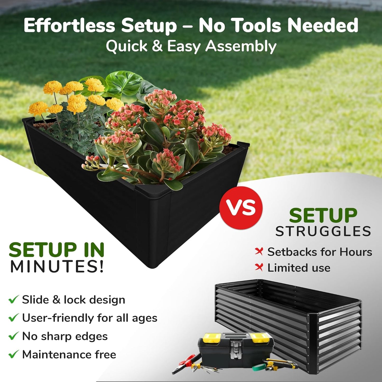 Raised Garden Bed - 2x4 ft Planter Box - Black HDPE - No Tools Needed - DIY Kit for Urban Gardening, Flowers, Herbs & Vegetables - Made in The USA