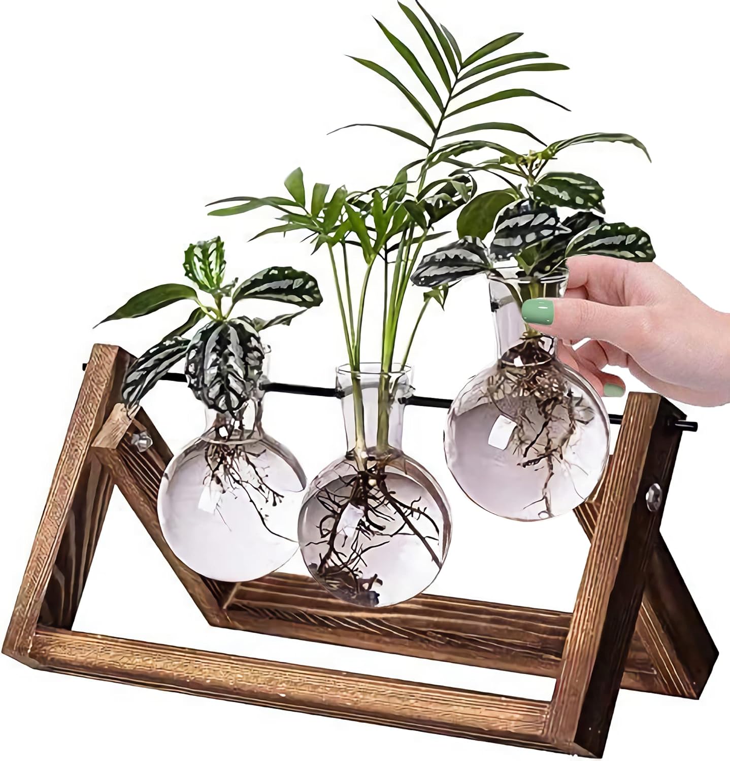 Kingbuy Desktop Glass Planter Iron and Wooden Stand Plant Terrariums for Indoor Office Desk Decor Accessories, 3 Bulb Vases, Brown