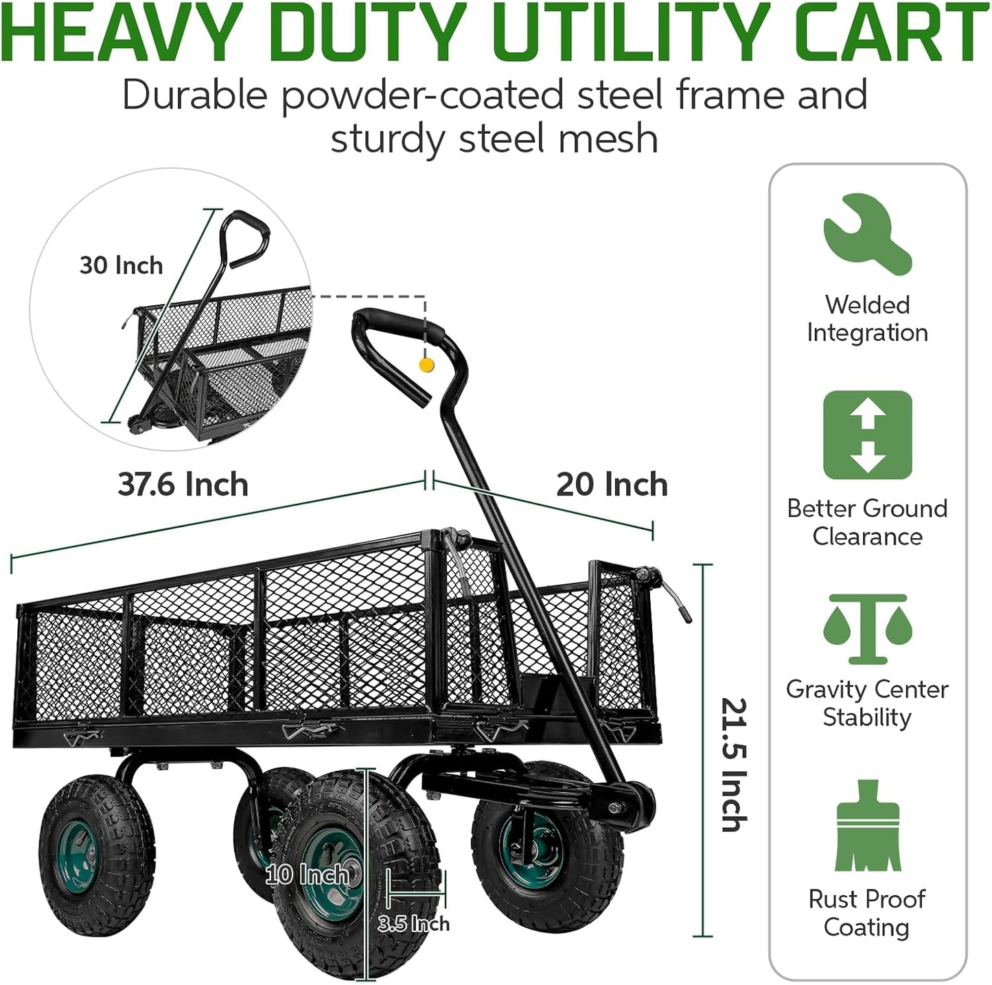 Taifa Heavy Duty Utility Steel Garden Cart 880 Lbs Capacity with Detachable Side Panels Convert to Flatbed for Yard Lawn and Farm, Metal Wagon with 180° Rotating Handle, Black