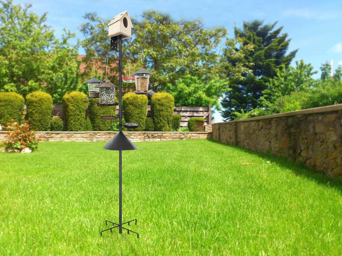 eWonLife 92 Inch Bird Feeder Pole with Squirrel Baffle & Upgraded 9-Prong Base, Adjustable Bird House Pole for Outdoors Heavy Duty, Bird Feeder Stand Post Station with 4 Shepherd Hooks, Birdbath, Tray