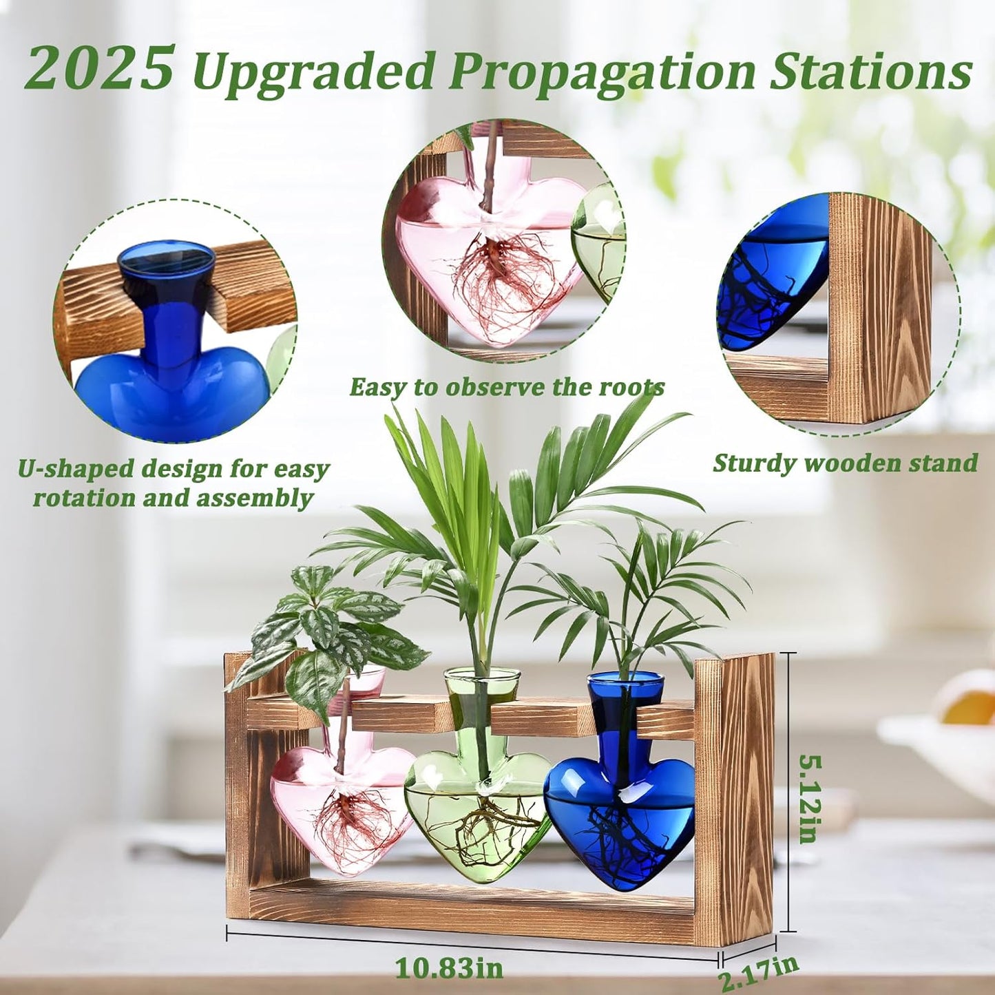 Lifecapido Heart Shaped Propagation Stations, Plant Terrarium with Wooden Stand, Plant Propagation Station for Hydroponics Office Garden Home Decor, Gifts for Women Plant Lover (3 Vases, Multicolor)