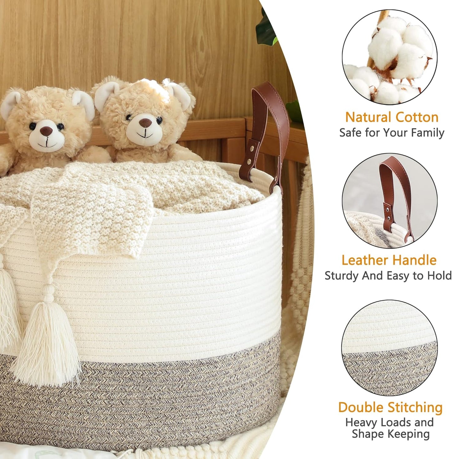 KAKAMAY Large Blanket Basket (20"x13"),Woven Baskets for storage Baby Laundry Hamper,Cotton Rope Blanket Basket for Living Room, Laundry, Nursery, Pillows, Baby Toy chest (White/Beige)