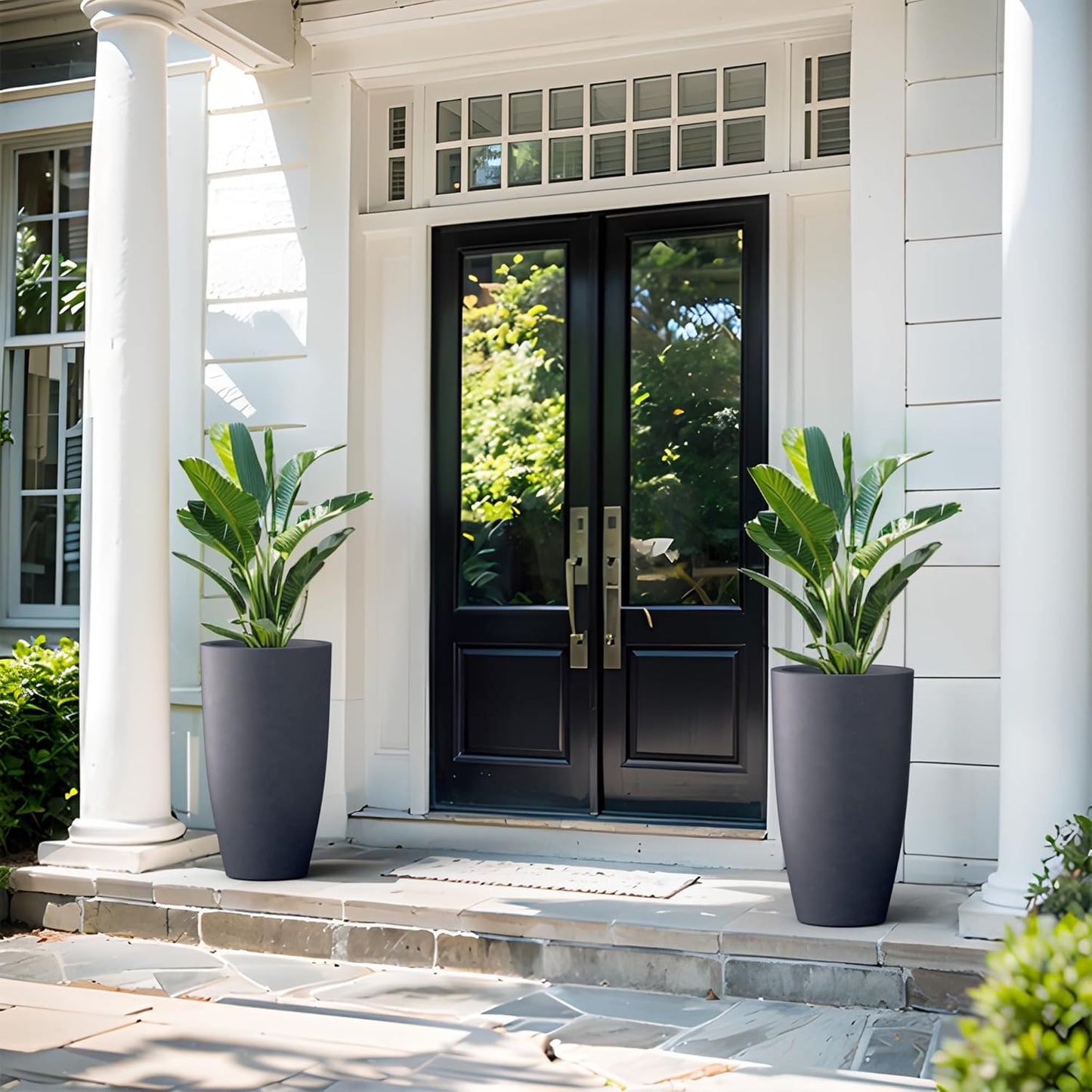 Kante 23.6" H Charcoal Concrete Tall Planters (Set of 2), Large Outdoor Indoor Decorative Plant Pots with Drainage Hole and Rubber Plug, Modern Style for Home and Garden