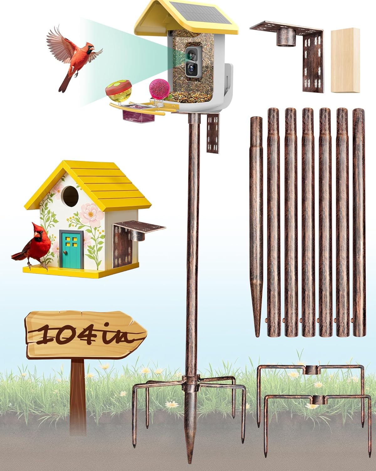 Bird Feeder Pole – 104 Inch Height Bird House Pole with 1-Inch Dia Heavy Duty for Birdfeeders, Feeding Stand with Mount Kit for Outdoor, Slip-Fit Connection, Copper Brushed