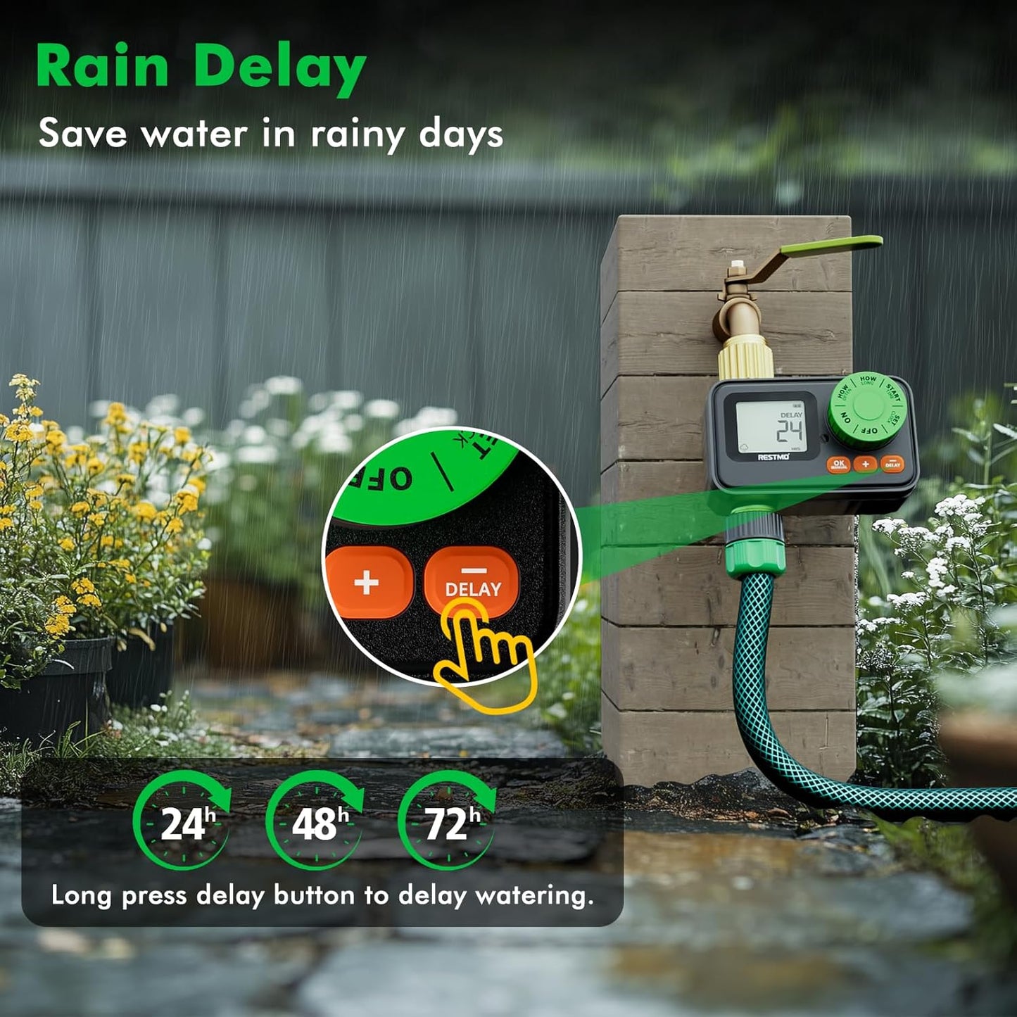 RESTMO RF Remote Controlled Sprinkler Timer with Brass Inlet & Outlet, Programmable Water Timer for Garden Hose, Automatic | Manual | Rain Delay for Outdoor Faucet, Drip Irrigation and Lawn Watering