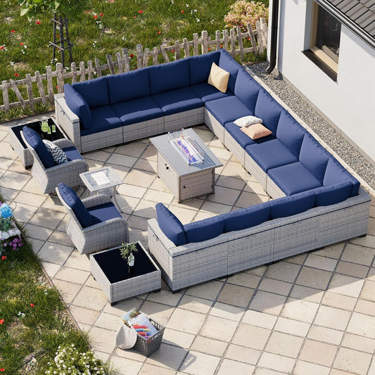18-Piece Patio Furniture Set, Outdoor Patio Furniture with 55,000 BTU Fire Pit Table, Swivel Chairs Set, Thick Cushions, Modular Patio Sofa, Dual-Strand Wicker Rattan, Rust-Resistant Frame,Navy Blue