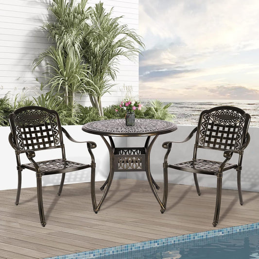 3-Piece Outdoor Patio Dining Set, All-Weather Cast Aluminum Patio Furniture Set for Backyard Garden Deck with 2 Chairs and 35.4” Round Table, 2" Umbrella Hole