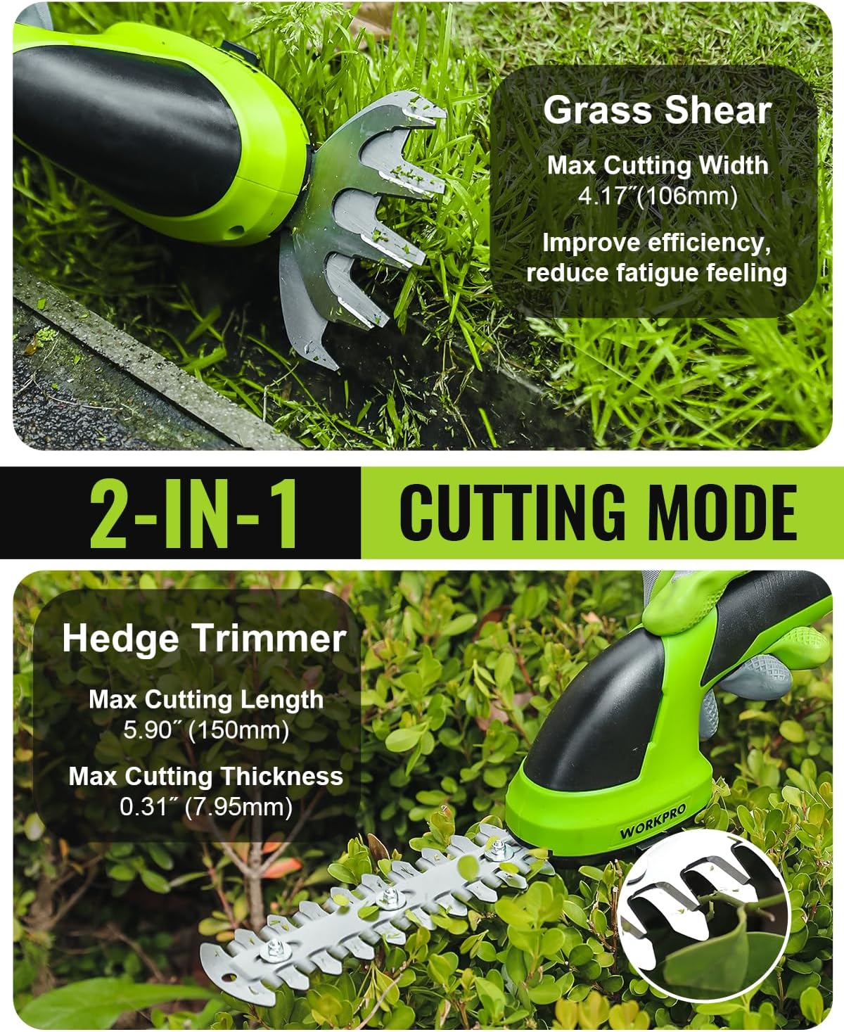 WORKPRO Cordless Grass Shear & Shrubbery Trimmer - 2 in 1 Handheld 7.2V Electric Grass Trimmer Hedge Shears/Grass Cutter Rechargeable Lithium-Ion Battery and Type-C Cable Included