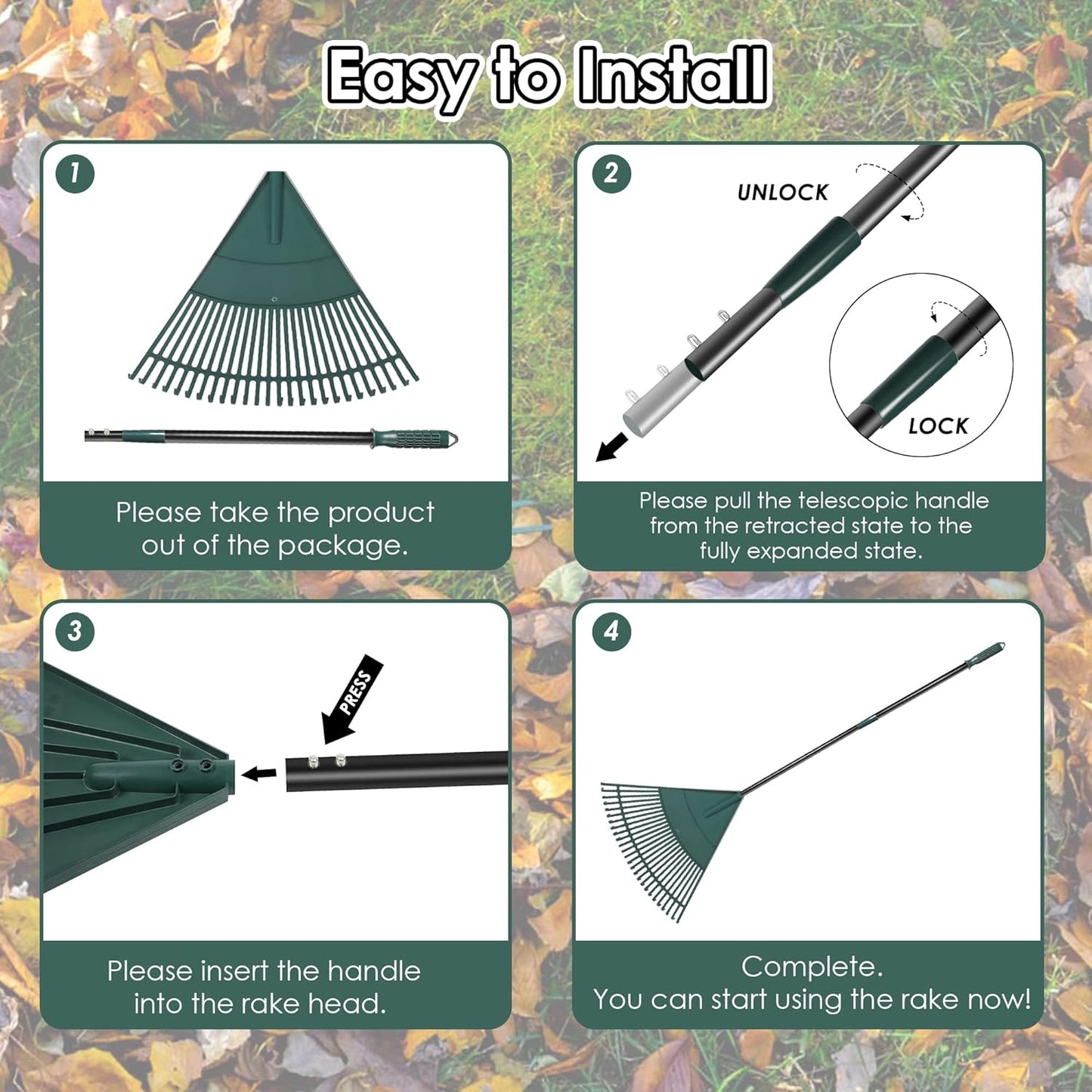 ORIENTOOLS Garden Leaf Rake, Garden Rakes for Lawns Leaves with 47-65" Adjustable Black Handle Rake, 26 Strong Tines Plastic Head Shrub Rake, Yard Garden Rake for Lawns, Flower Beds Leaves Cleaning