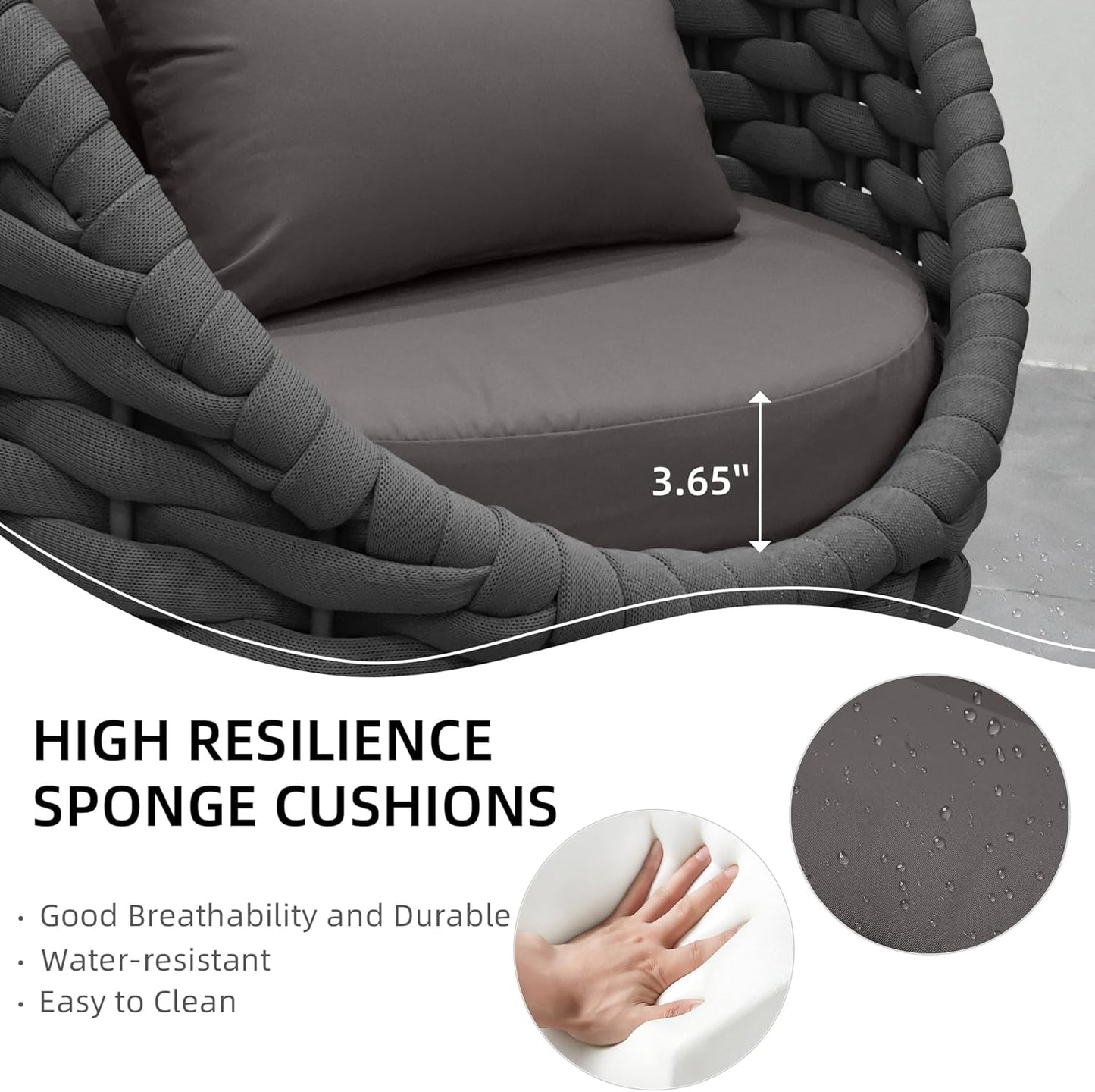 TWT 3 Pieces Aluminum Patio Furniture Set, Hand Woven Textilene Rope Outdoor Sofa Set w/Washable Cushion and Rock Slab Tabletop, Conversation Furniture for Livingroom Poolside Balcony (Dark Grey)