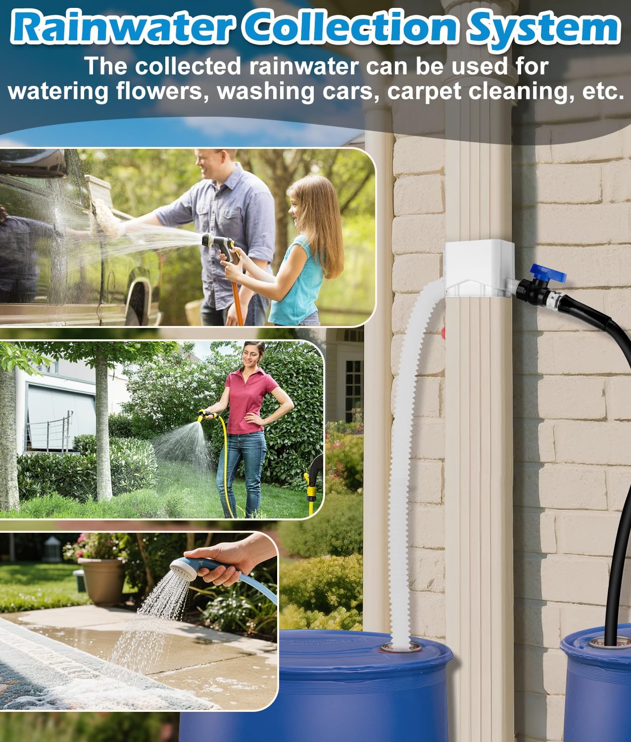 Downspout Diverter, WADEO Rain Barrel Diverter Fits for 3"x 4" Oversize Downspout, Rainwater Collection System with Two Water Outlets, 3/4" PVC Spigot and 5FT Hose to Collect Rainwater from Gutter