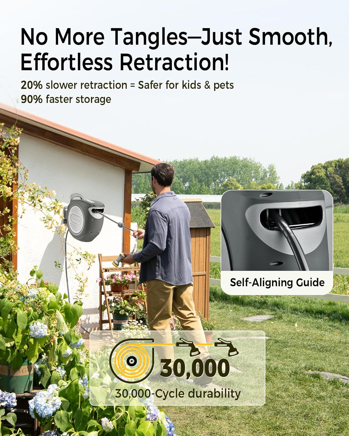 Retractable Garden Hose Reel 1/2 in x 130 ft Upgraded UV Resistant Heavy Duty Automatic Hose Reel Wall Mount 3/4 in Brass Fitting 9 Pattern Nozzle Any Length Lock Slow Retraction