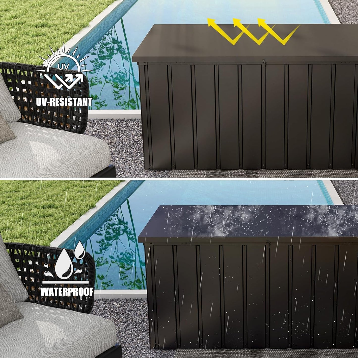 Domi Deck Box 160 Gallon, Waterproof Lockable Steel Outdoor Storage Container for Outside Cushions, Garden Tools and Pools Equipment, Brown