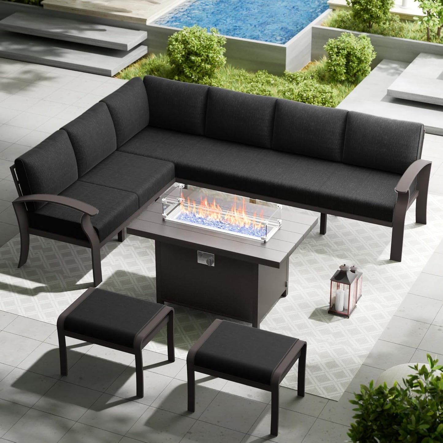 Aluminum Patio Furniture Set with Fire Pit Table, 8 Seats Outdoor Patio Conversation Set Modern Metal Patio Sectional Sofa w/5.1" Upgrade Cushions for Porch, Patio, Backyard(Dark Grey).