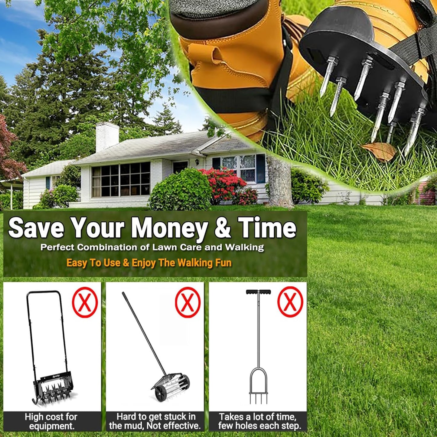 Lawn Aerator Shoes, Spike Shoes for Self Levelling Floor, Heavy Duty Long Spiked Aerating Sandals for Yard Patio Garden Grass Lawn, with Gardening Gloves/ Stainless Steel Shovels Clearing Away Debris